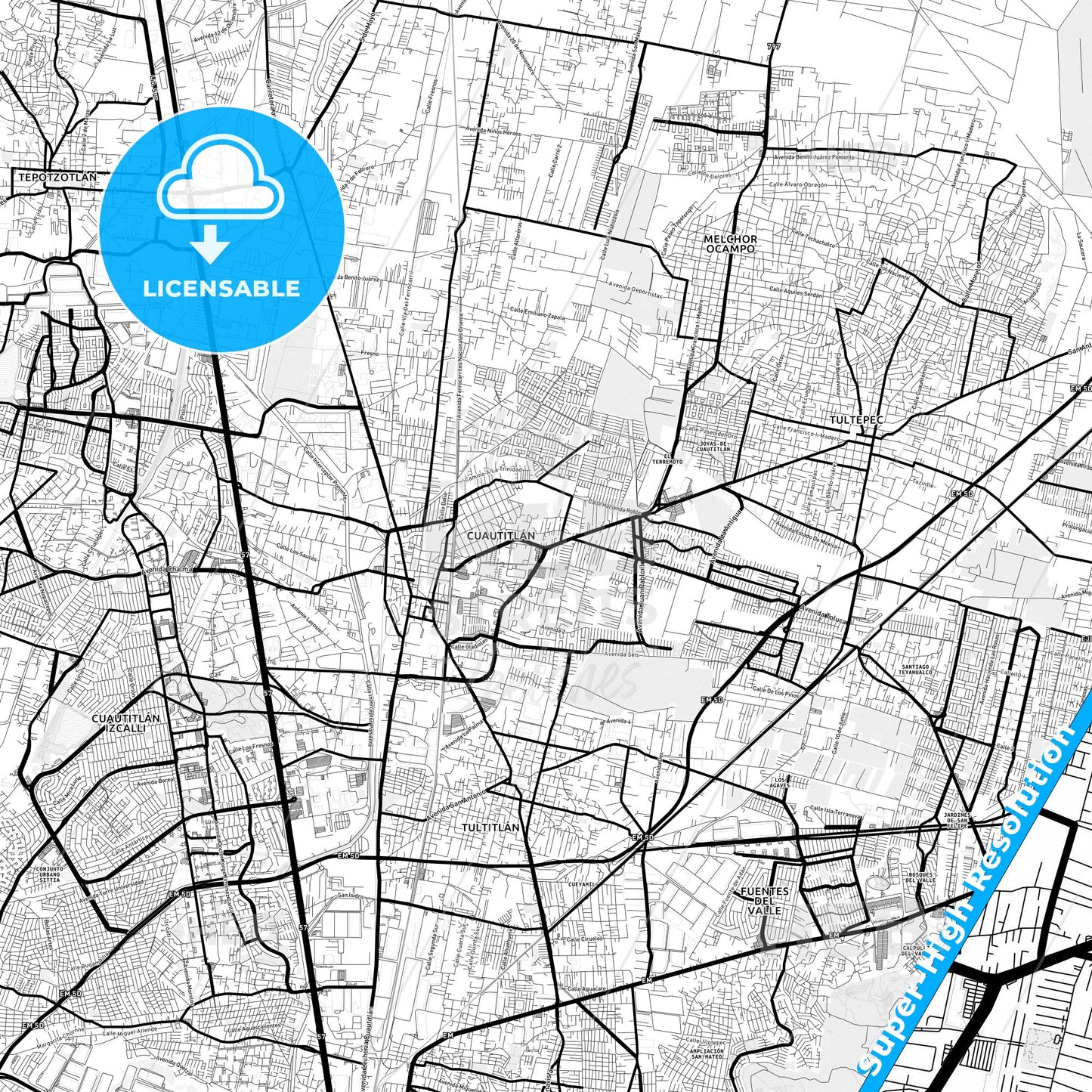 Cuautitlán, Mexico Light Map with Street Names, City Names, and Districts