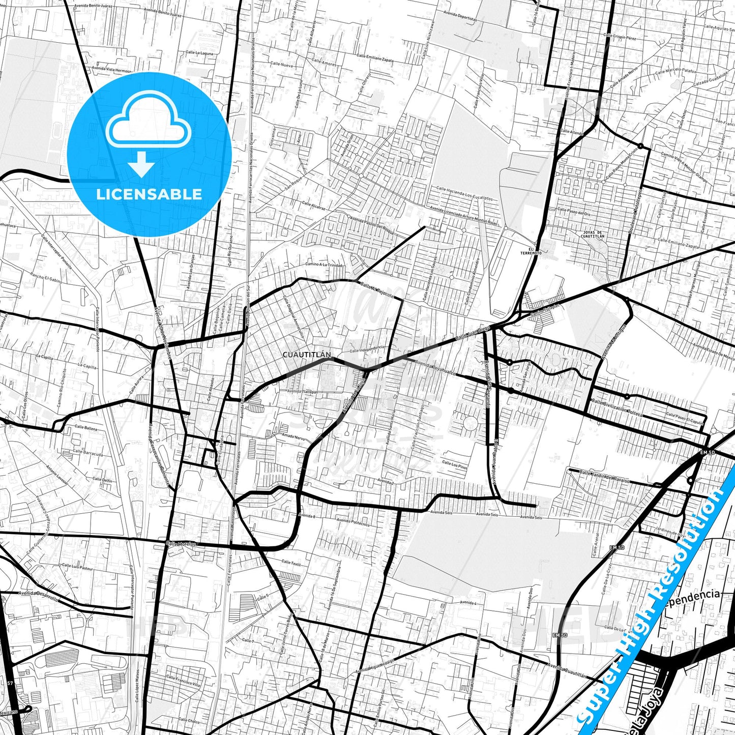 Cuautitlán, Mexico Light Map with Street Names, City Names, and Districts