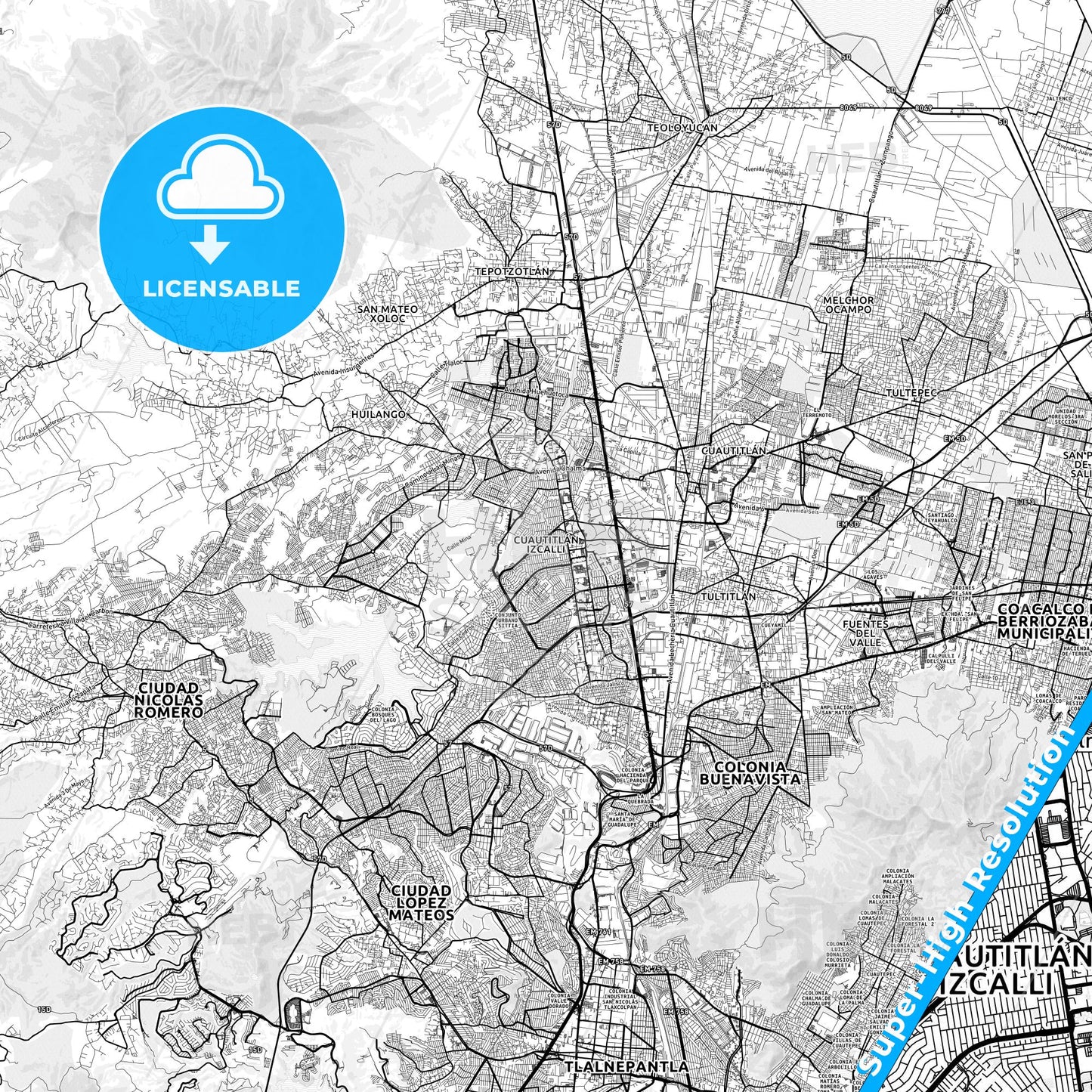 Cuautitlán Izcalli, Mexico light map with streetnames, citynames and districts