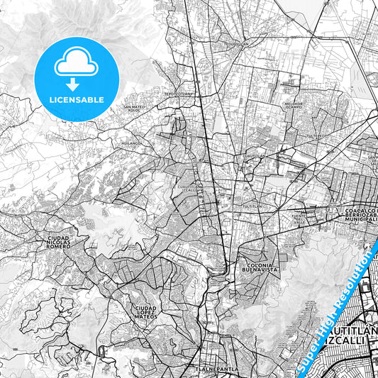 Cuautitlán Izcalli, Mexico light map with streetnames, citynames and districts
