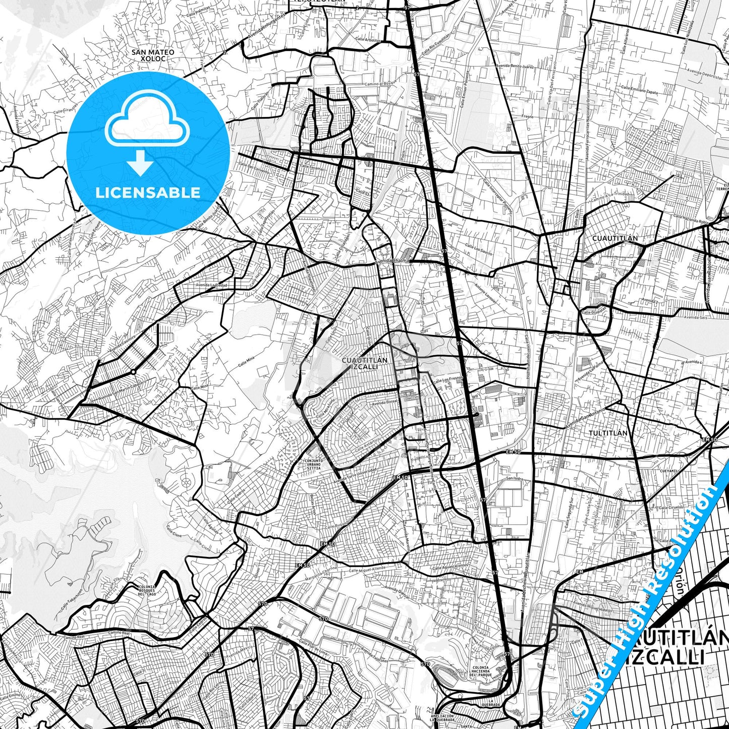 Cuautitlán Izcalli, Mexico Light Map with Street Names, City Names, and Districts