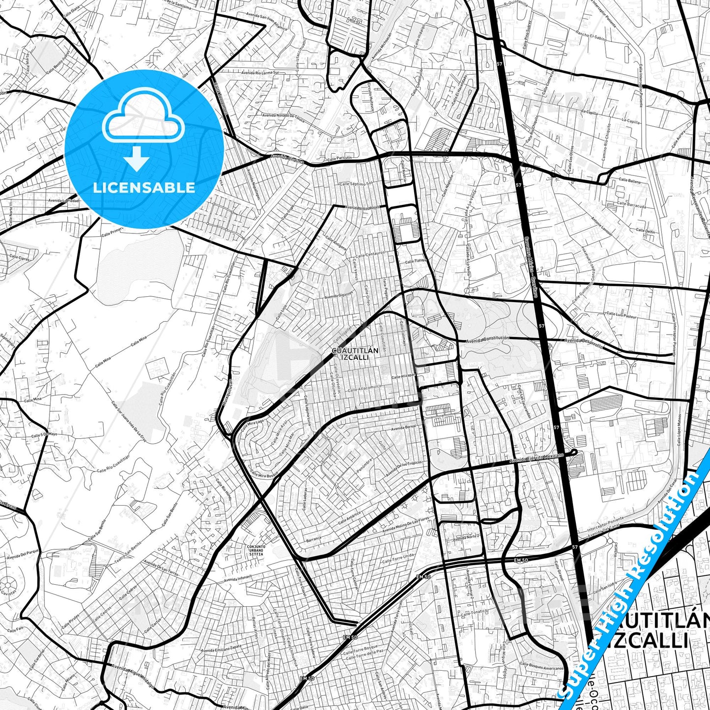 Cuautitlán Izcalli, Mexico Light Map with Street Names, City Names, and Districts