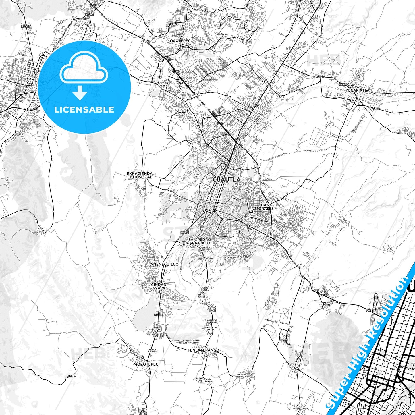 Cuautla, Mexico light map with streetnames, citynames and districts