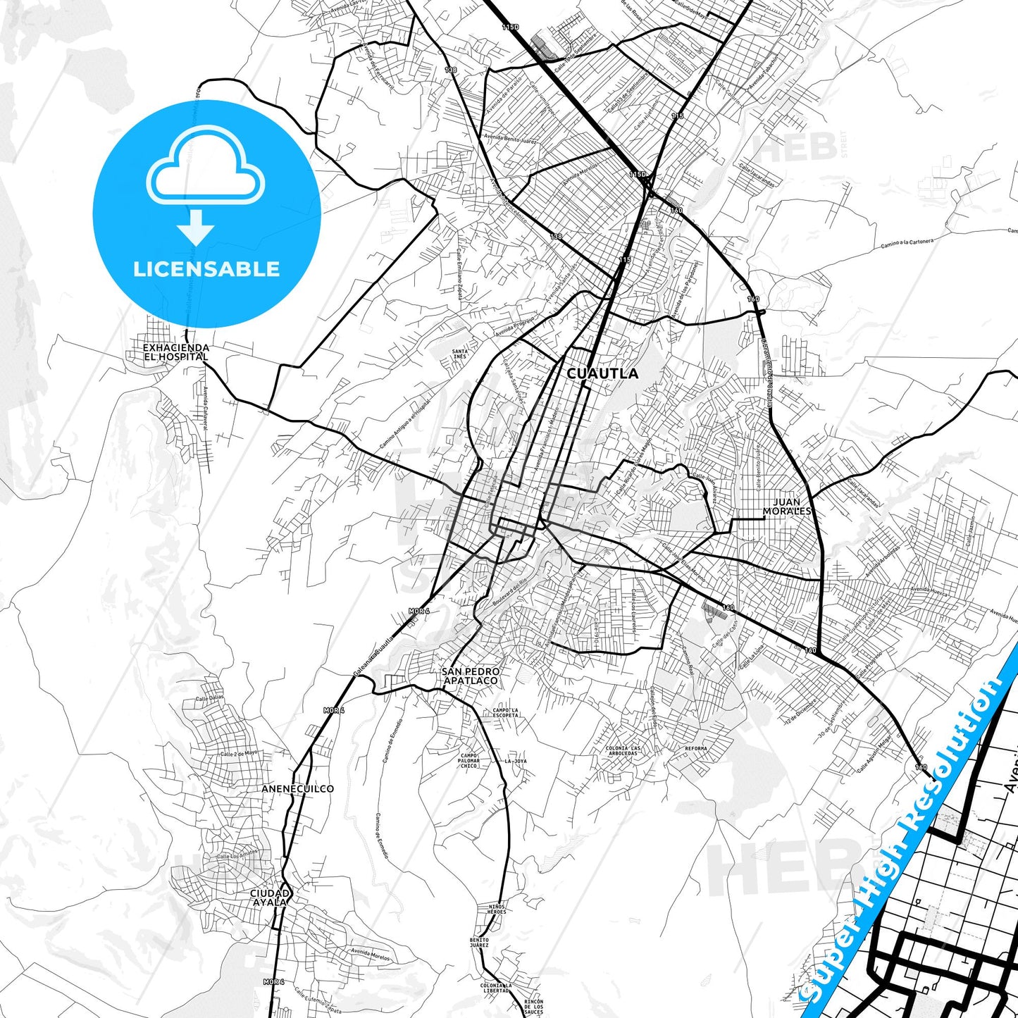 Cuautla, Mexico Light Map with Street Names, City Names, and Districts