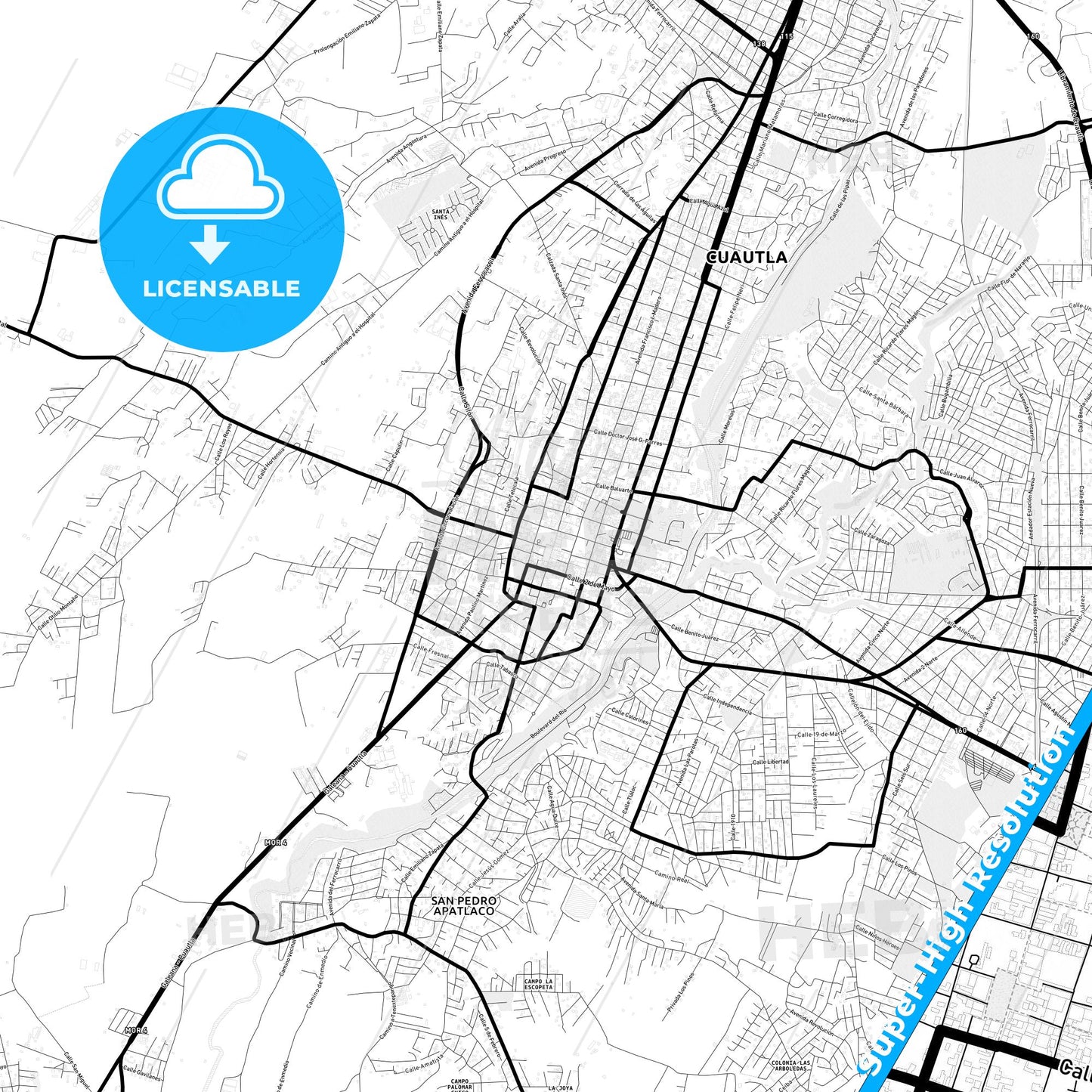 Cuautla, Mexico Light Map with Street Names, City Names, and Districts