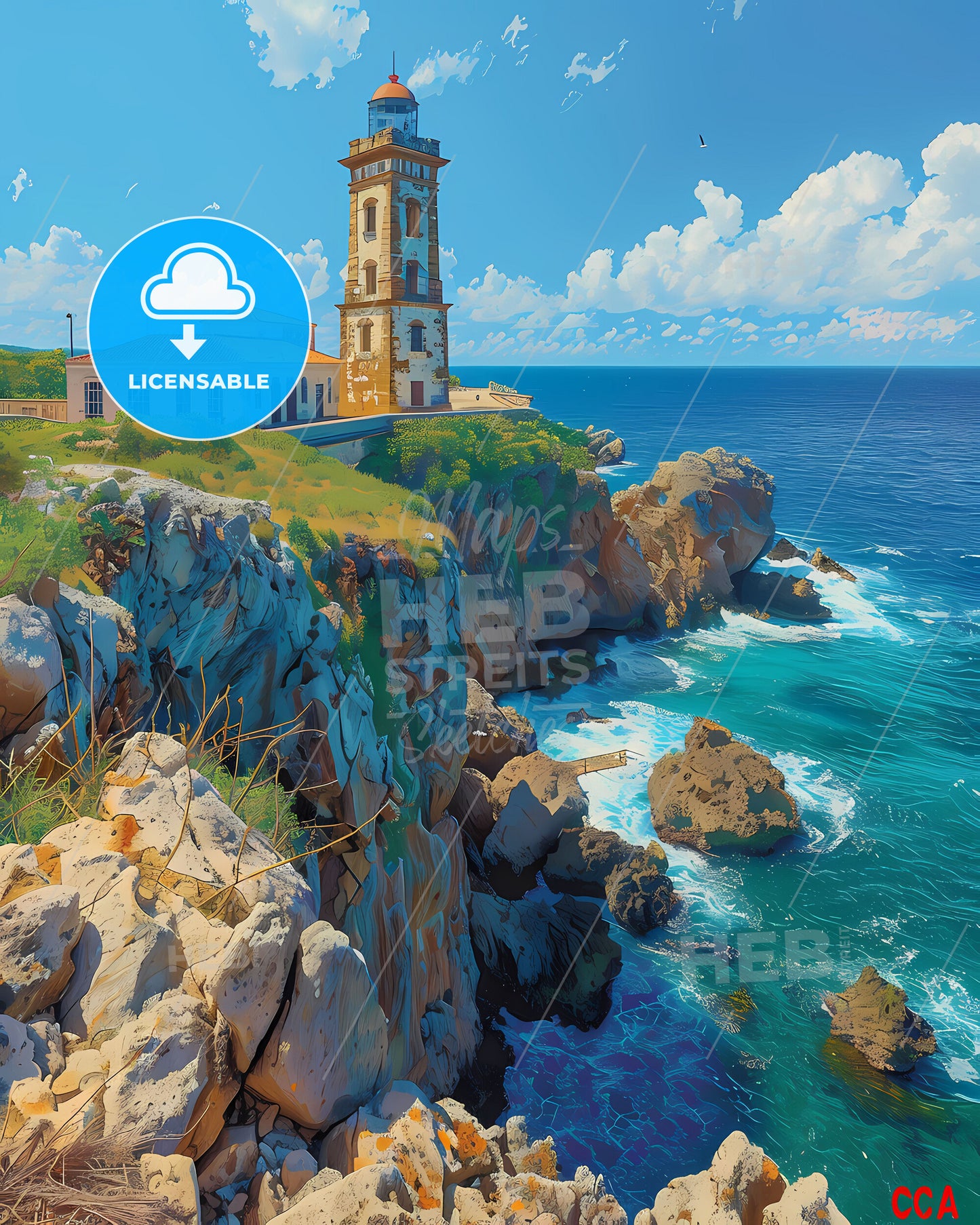 Vibrant Cuban Lighthouse Painting: Artistic Ocean Cliff Seascape Art