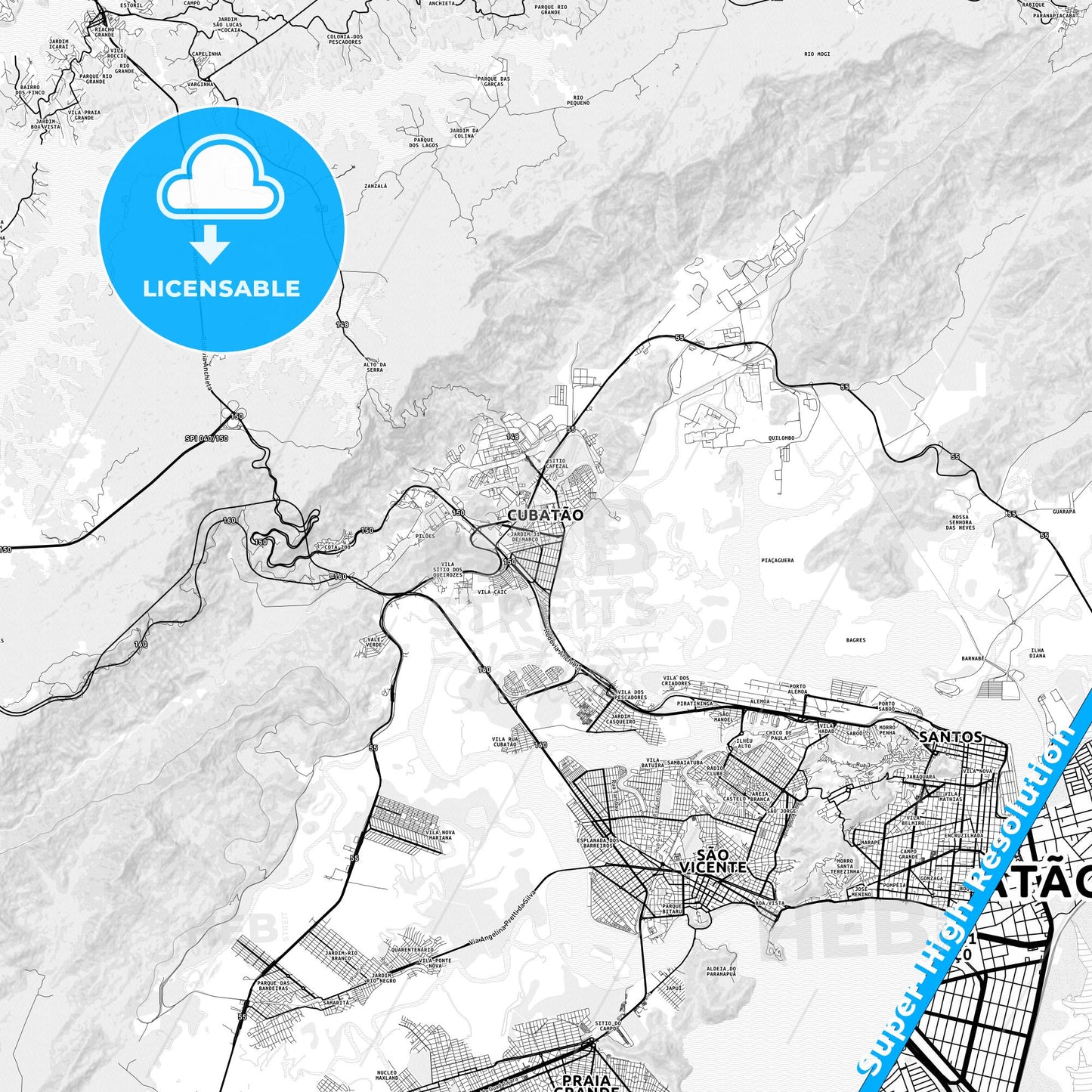 Cubatao, Brazil light map with streetnames, citynames and districts