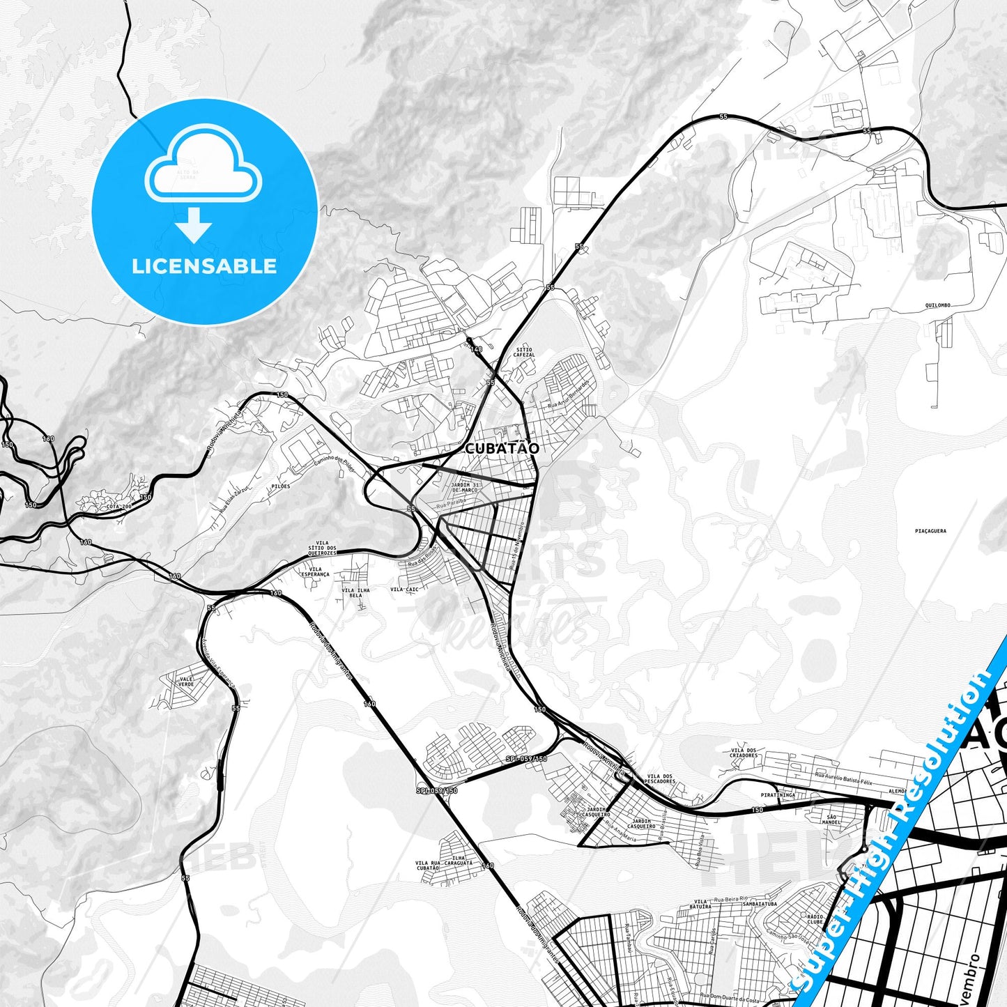 Cubatao, Brazil Light Map with Street Names, City Names, and Districts