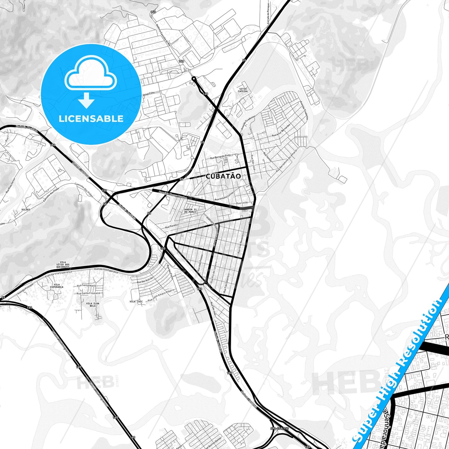 Cubatao, Brazil Light Map with Street Names, City Names, and Districts