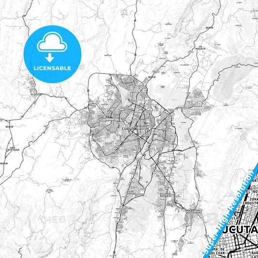Cucuta, Colombia light map with streetnames, citynames and districts