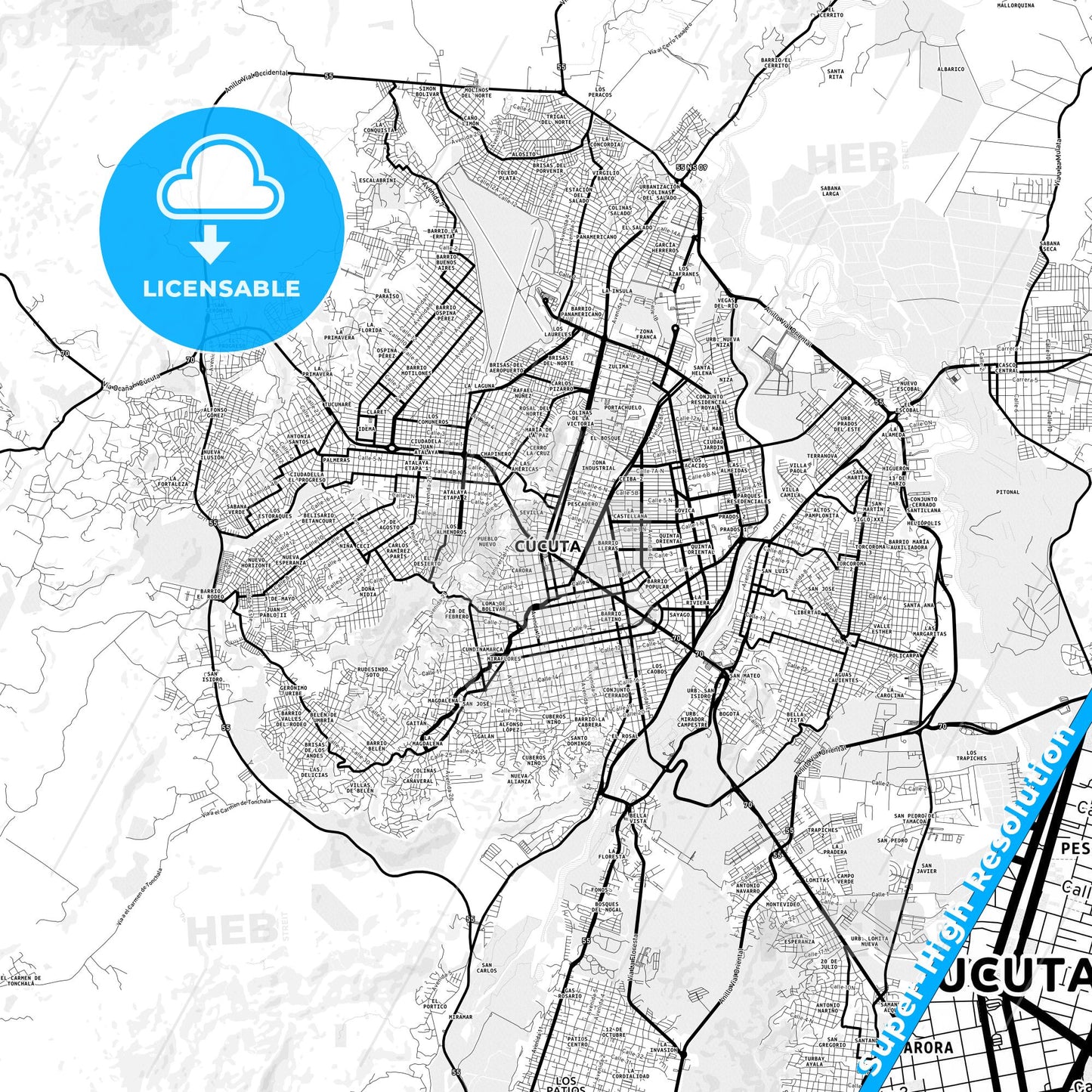 Cucuta, Colombia Light Map with Street Names, City Names, and Districts