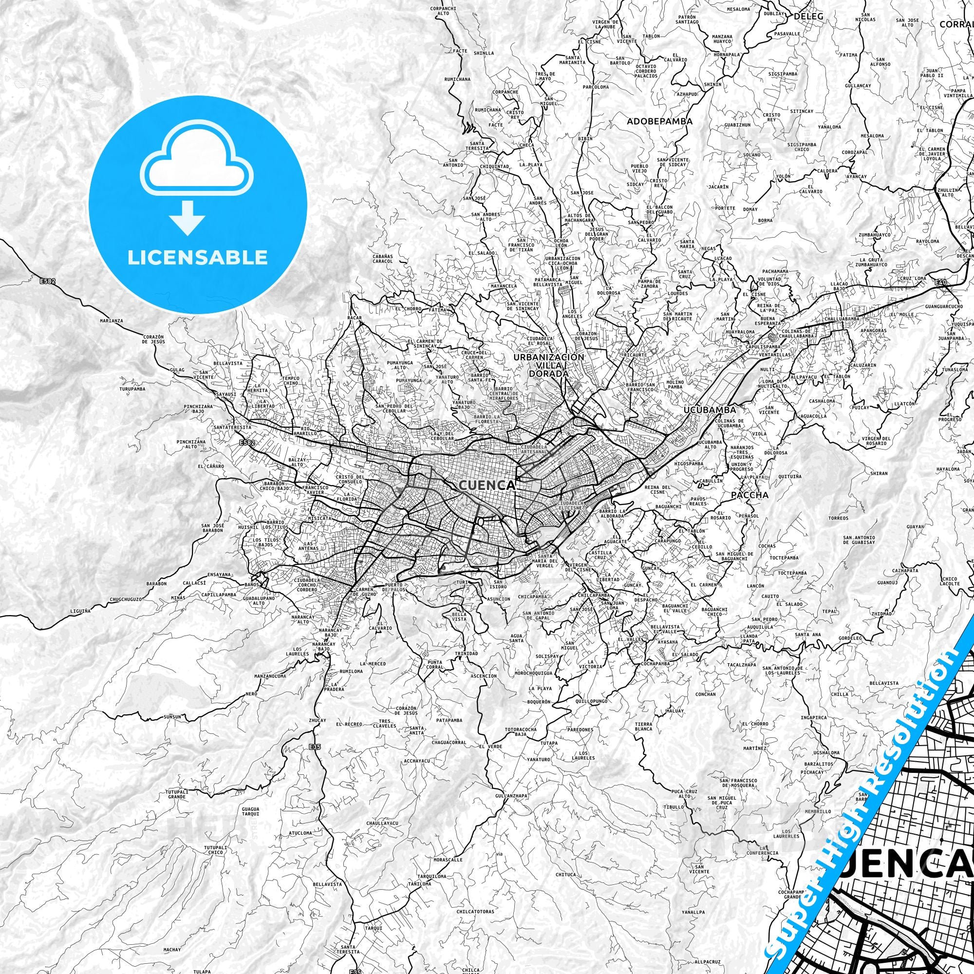Cuenca, Ecuador Light Map With Street Names, City Names, And Districts ...