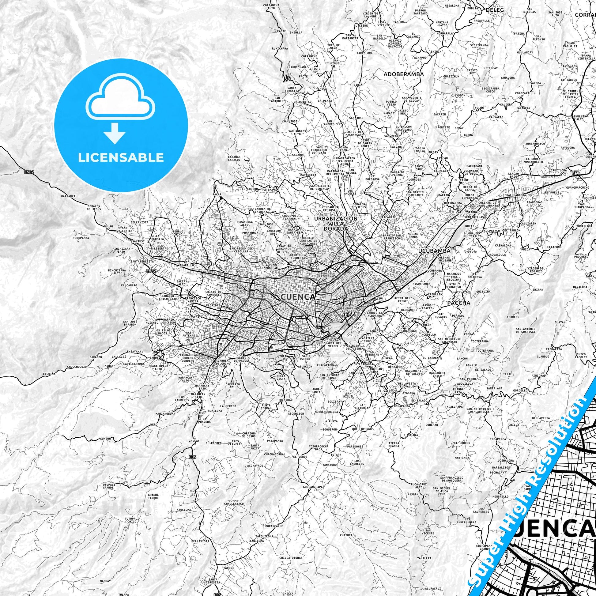 Cuenca, Ecuador light map with streetnames, citynames and districts