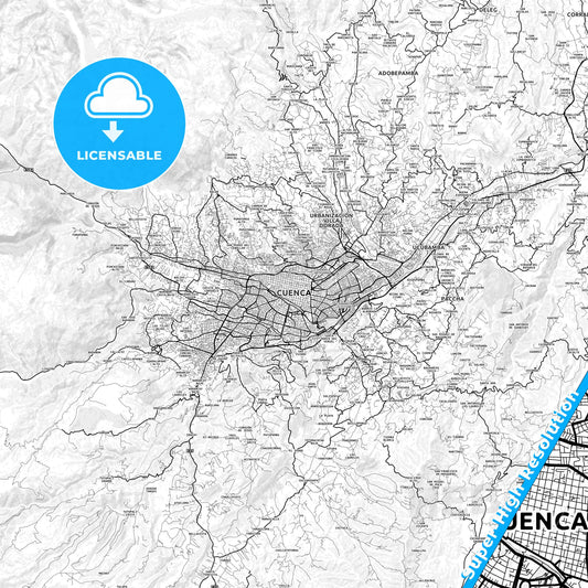 Cuenca, Ecuador light map with streetnames, citynames and districts