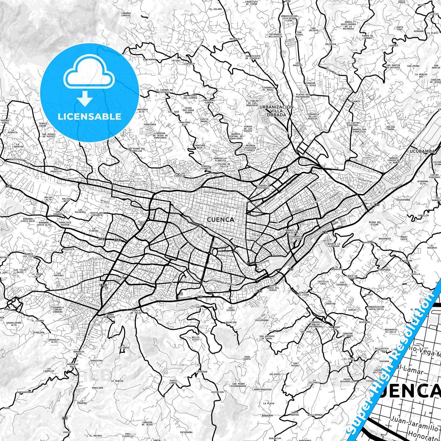 Cuenca, Ecuador Light Map with Street Names, City Names, and Districts