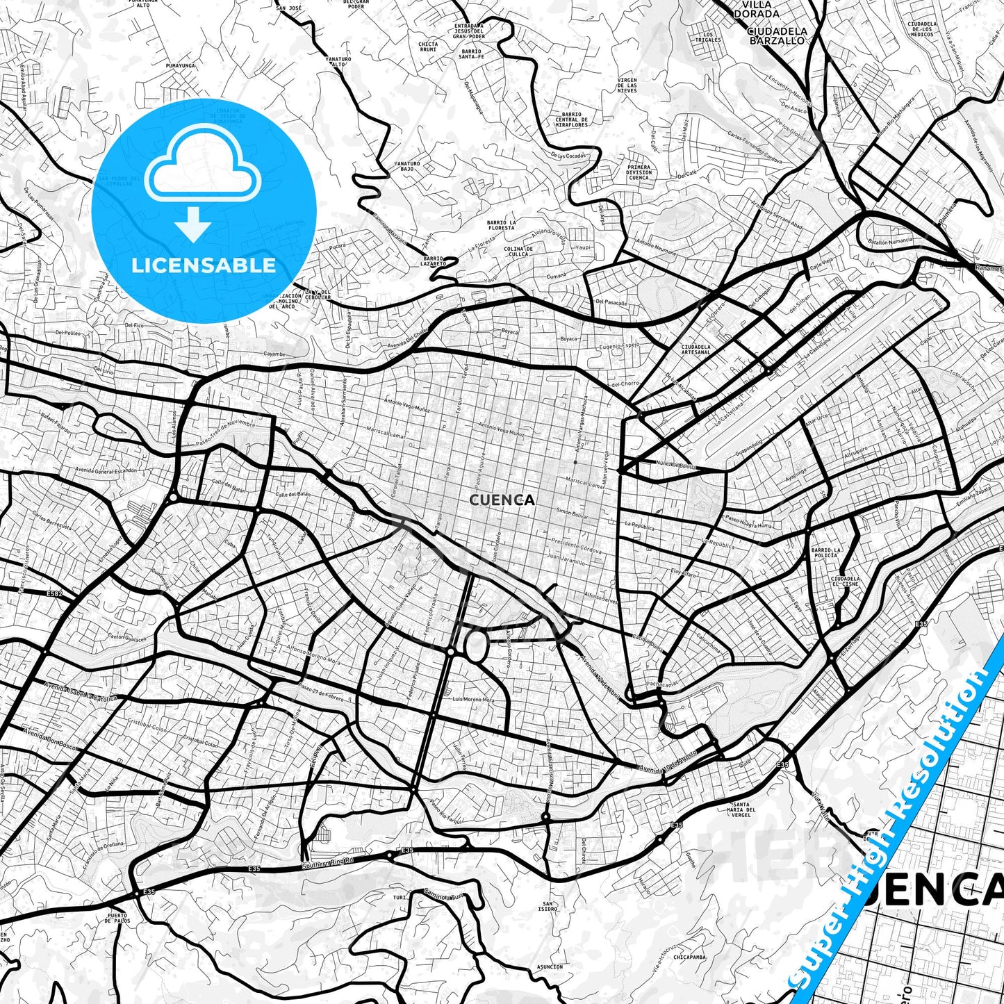 Cuenca, Ecuador Light Map with Street Names, City Names, and Districts