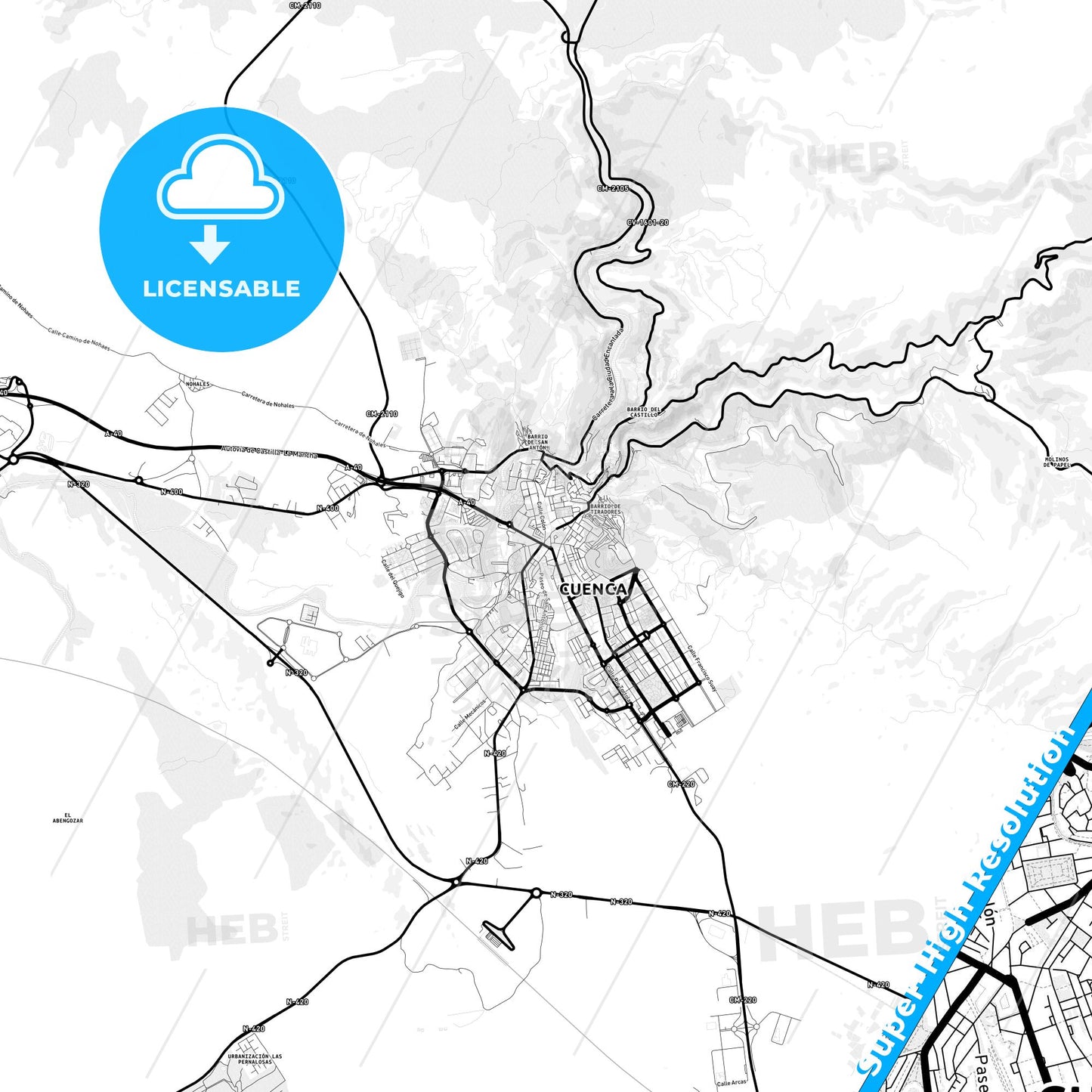 Cuenca, Spain Light Map with Street Names, City Names, and Districts