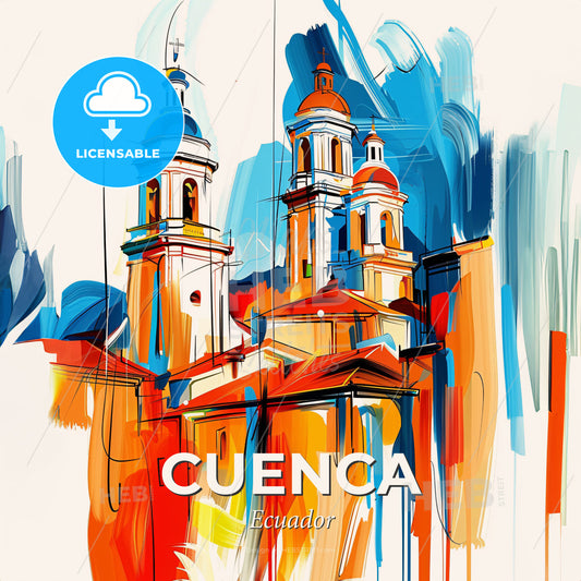 Vibrant Cuenca, Ecuador - A Painting Of A Building With Towers - Square format print template