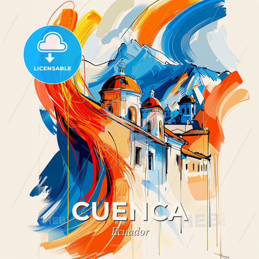 Vibrant Cuenca, Ecuador - A Painting Of A Building With A Mountain In The Background - Square format print template