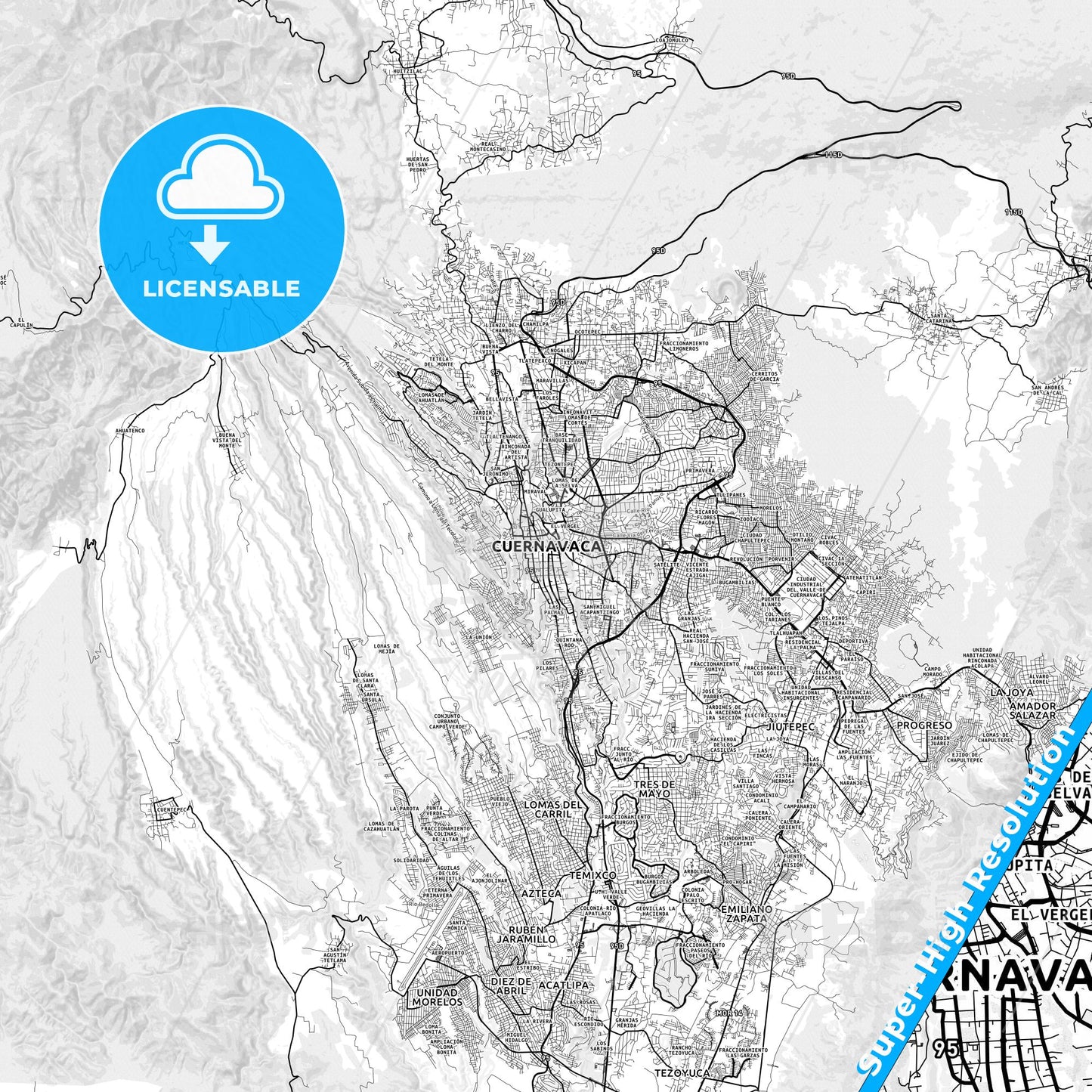Cuernavaca, Mexico light map with streetnames, citynames and districts