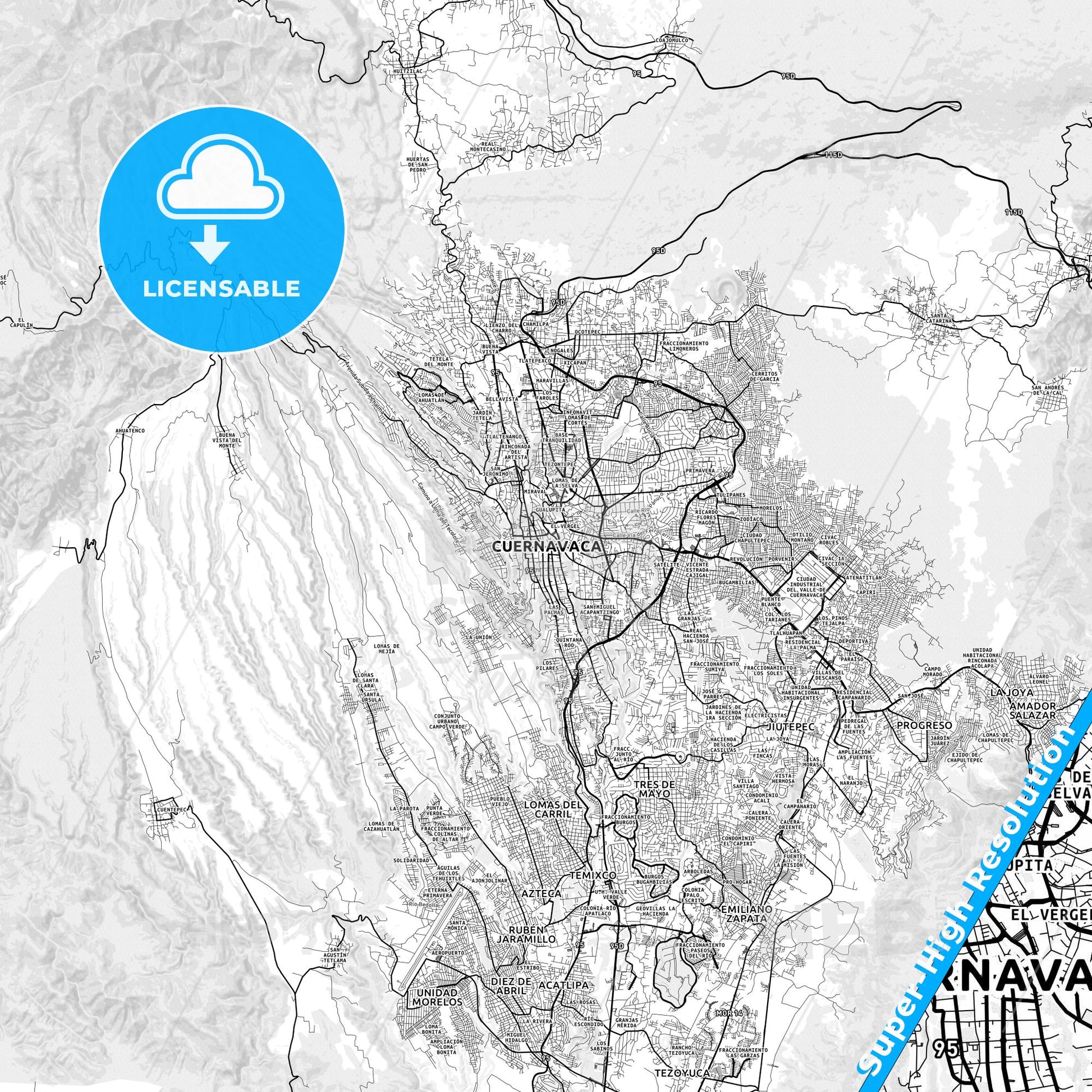 Cuernavaca, Mexico light map with streetnames, citynames and districts