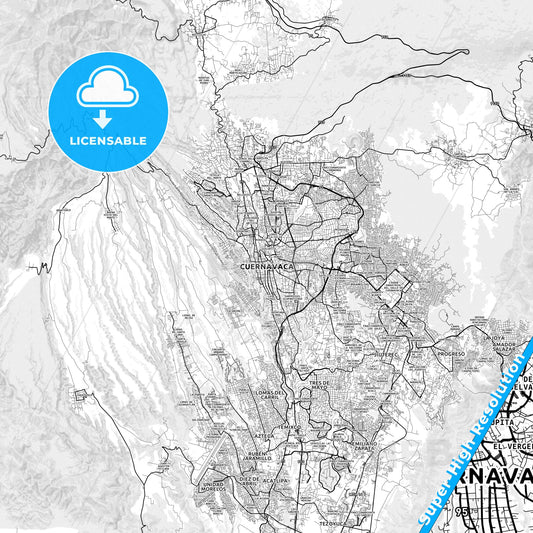 Cuernavaca, Mexico light map with streetnames, citynames and districts