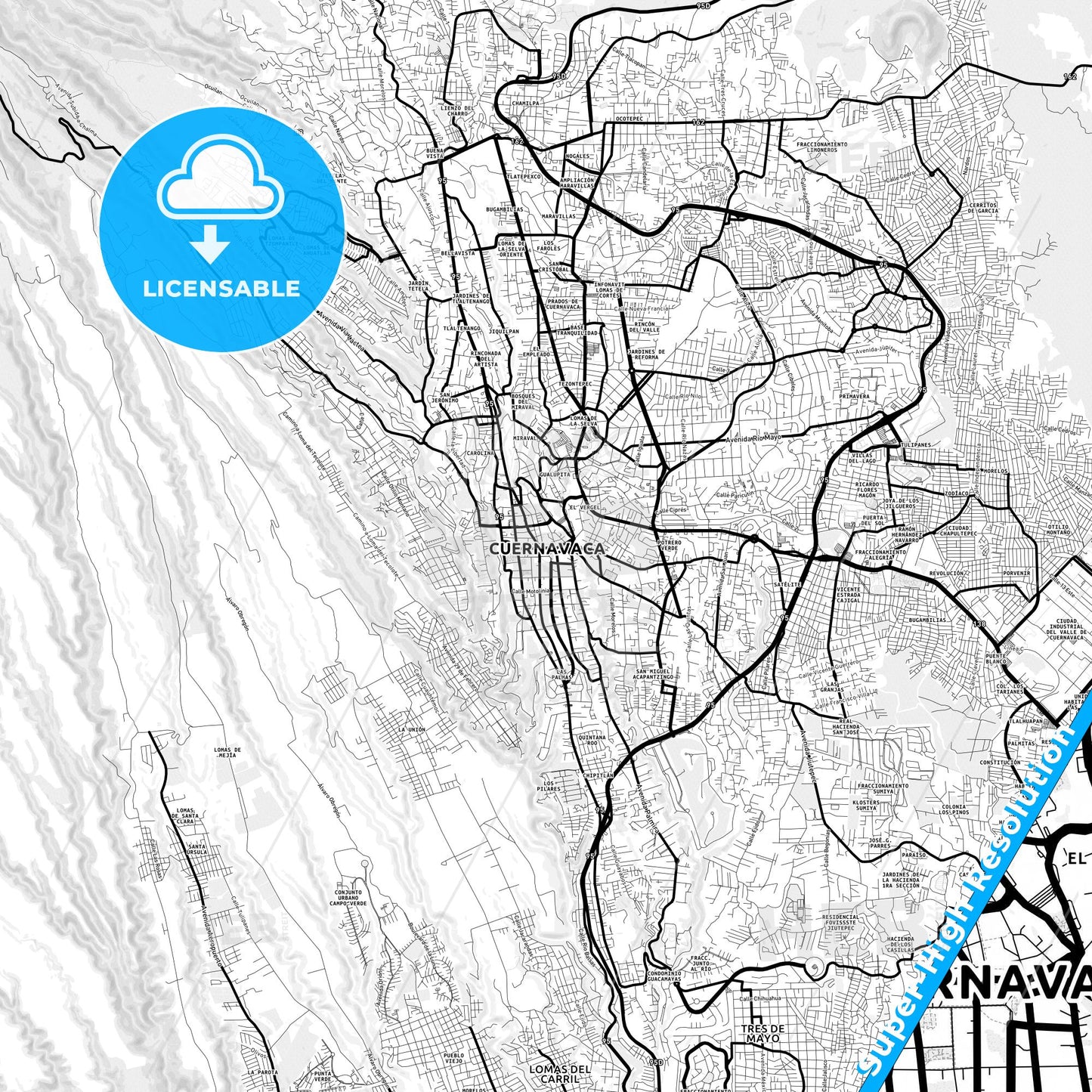 Cuernavaca, Mexico Light Map with Street Names, City Names, and Districts
