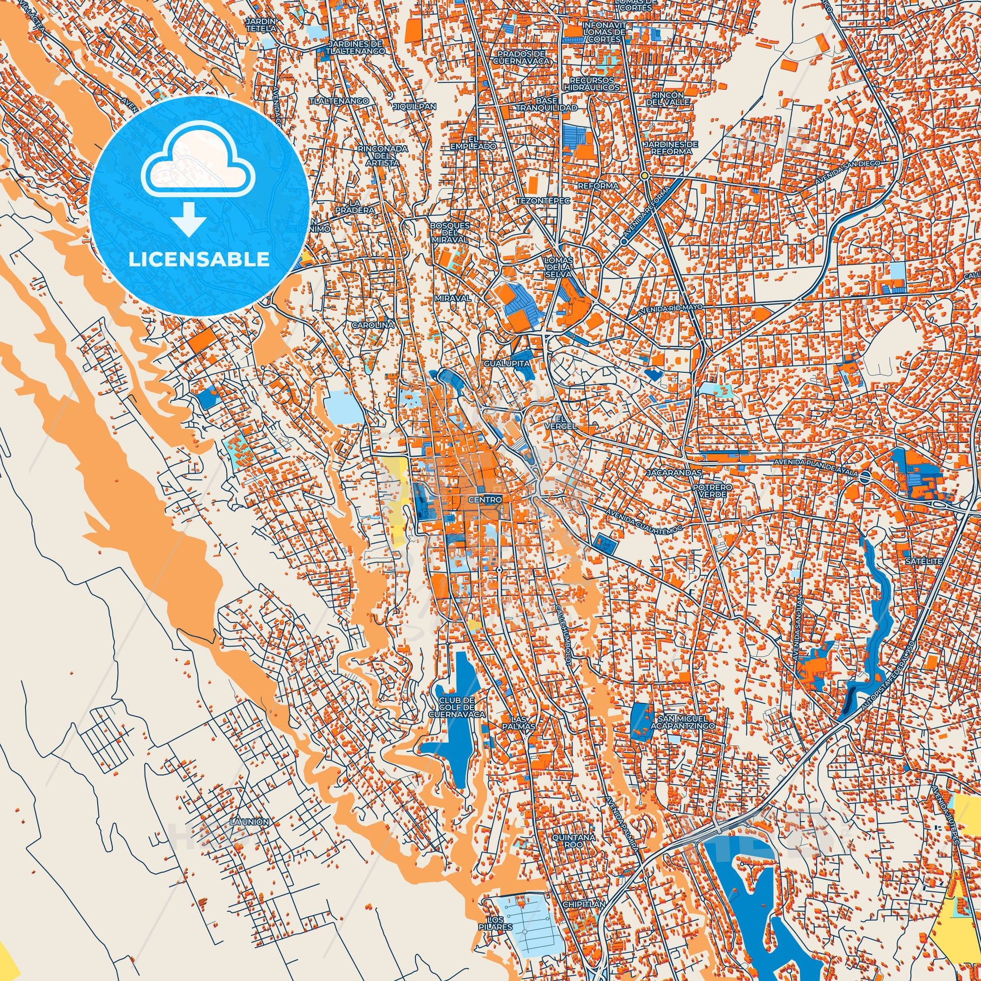 Colorful Cuernavaca Street Map with Labels and Buildings