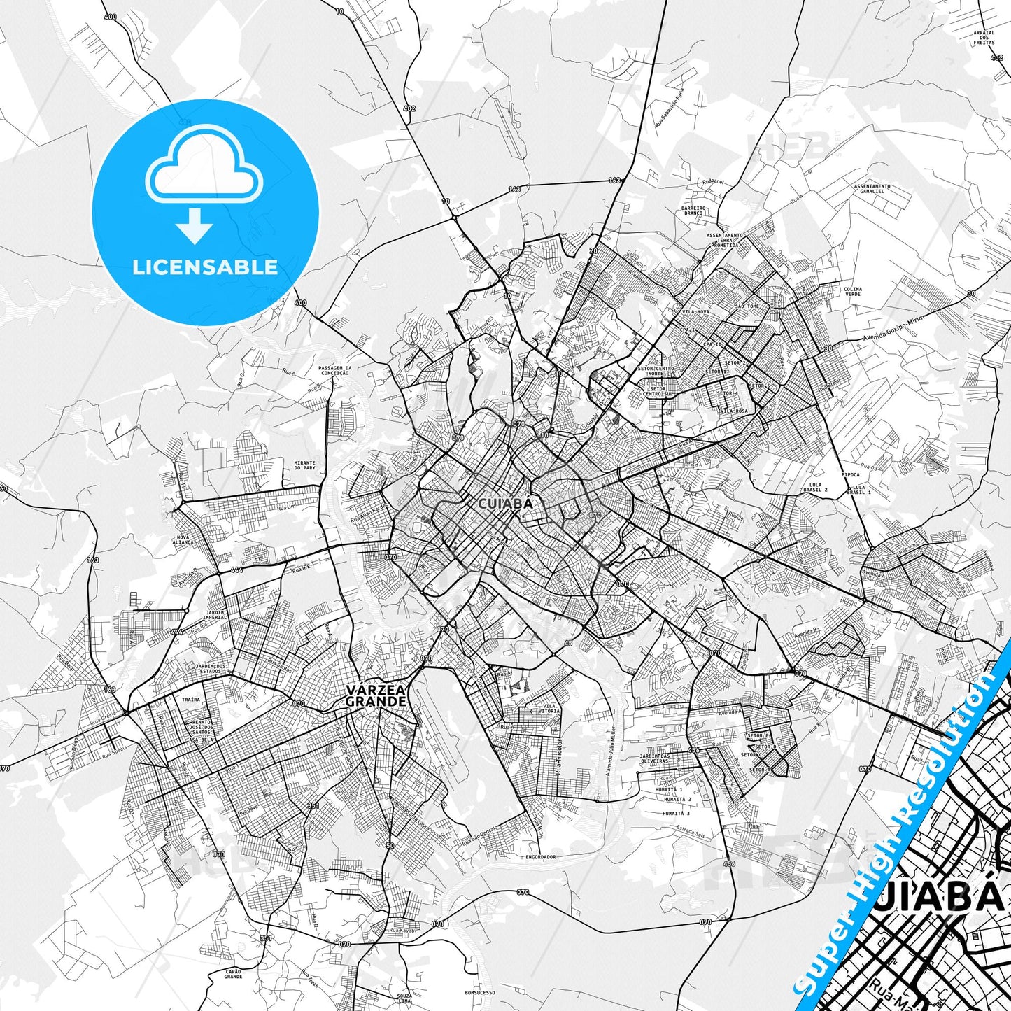 Cuiaba, Brazil light map with streetnames, citynames and districts