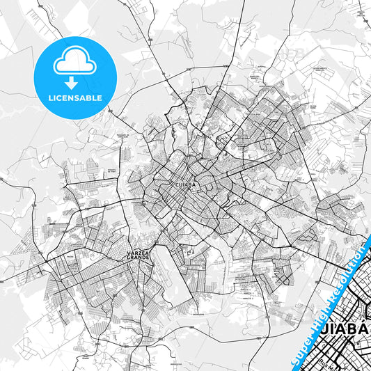 Cuiaba, Brazil light map with streetnames, citynames and districts