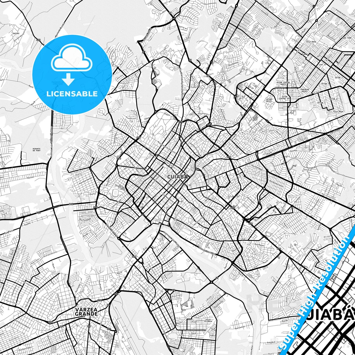 Cuiaba, Brazil Light Map with Street Names, City Names, and Districts