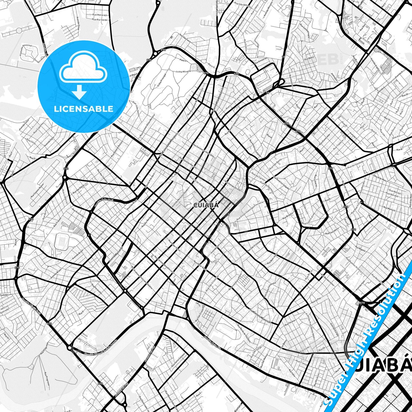 Cuiaba, Brazil Light Map with Street Names, City Names, and Districts