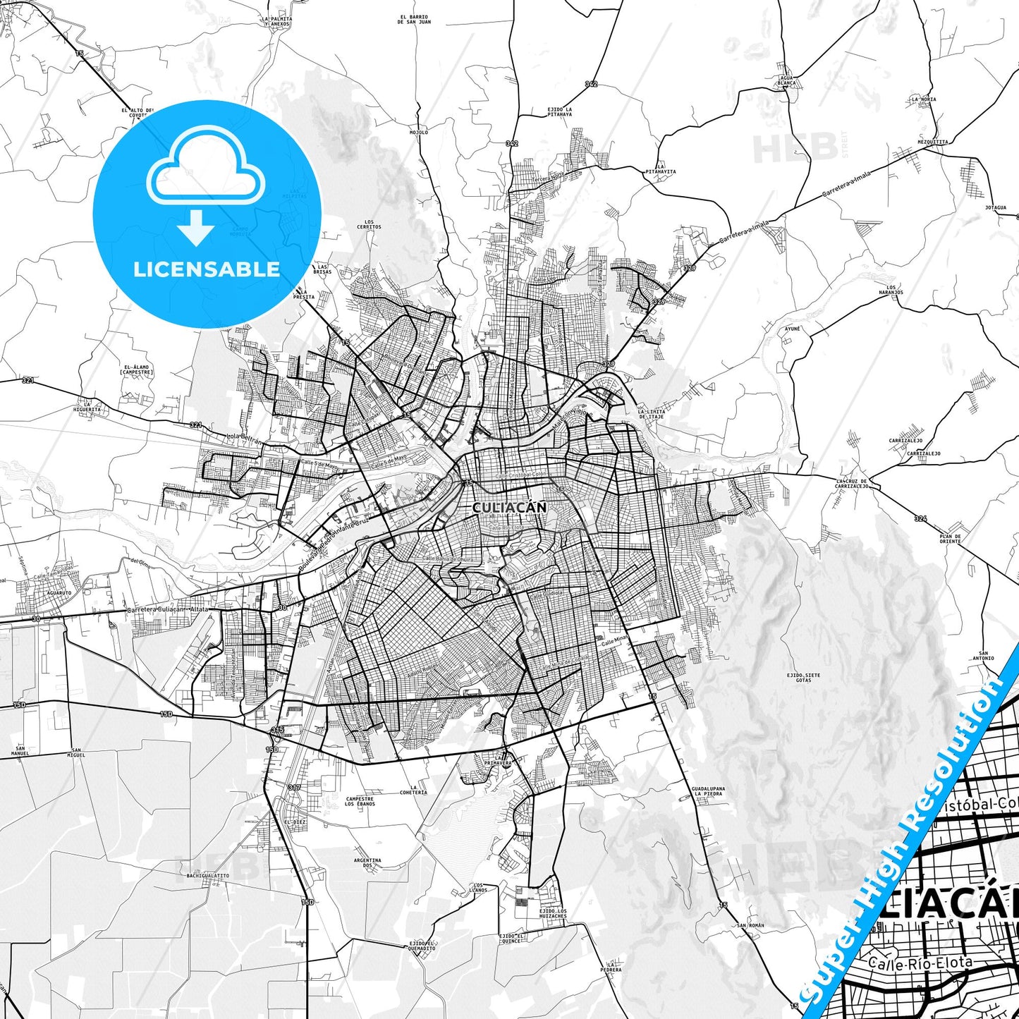 Culiacán, Mexico light map with streetnames, citynames and districts