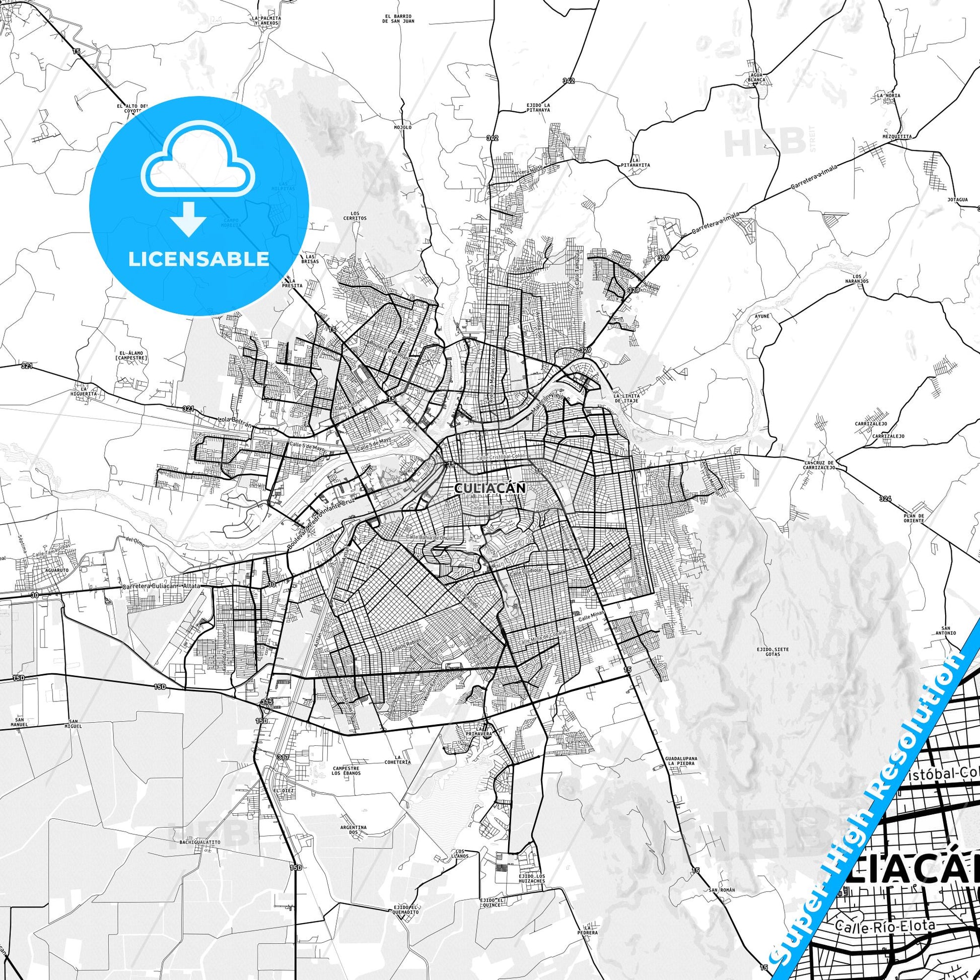 Culiacán, Mexico light map with streetnames, citynames and districts