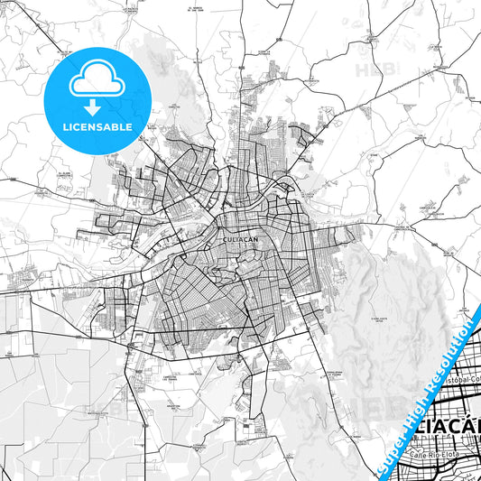 Culiacán, Mexico light map with streetnames, citynames and districts