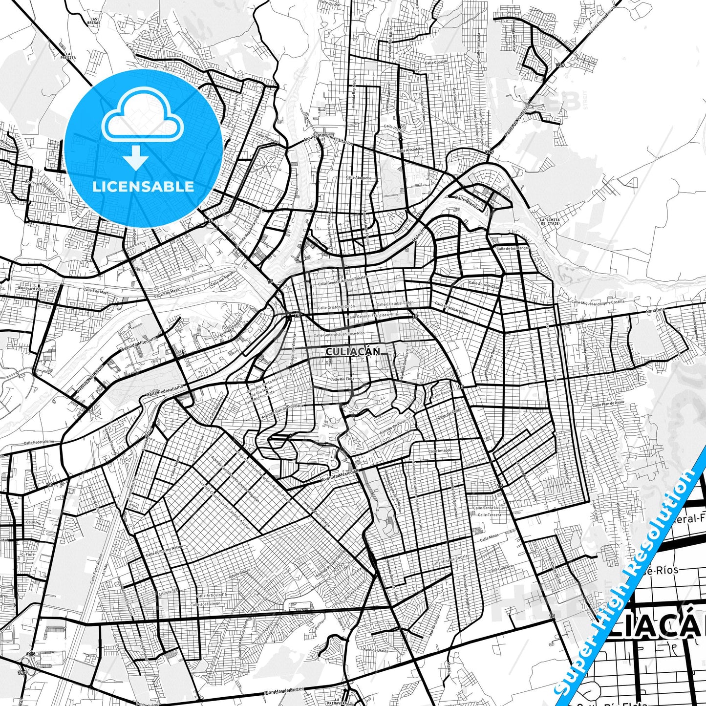 Culiacán, Mexico Light Map with Street Names, City Names, and Districts