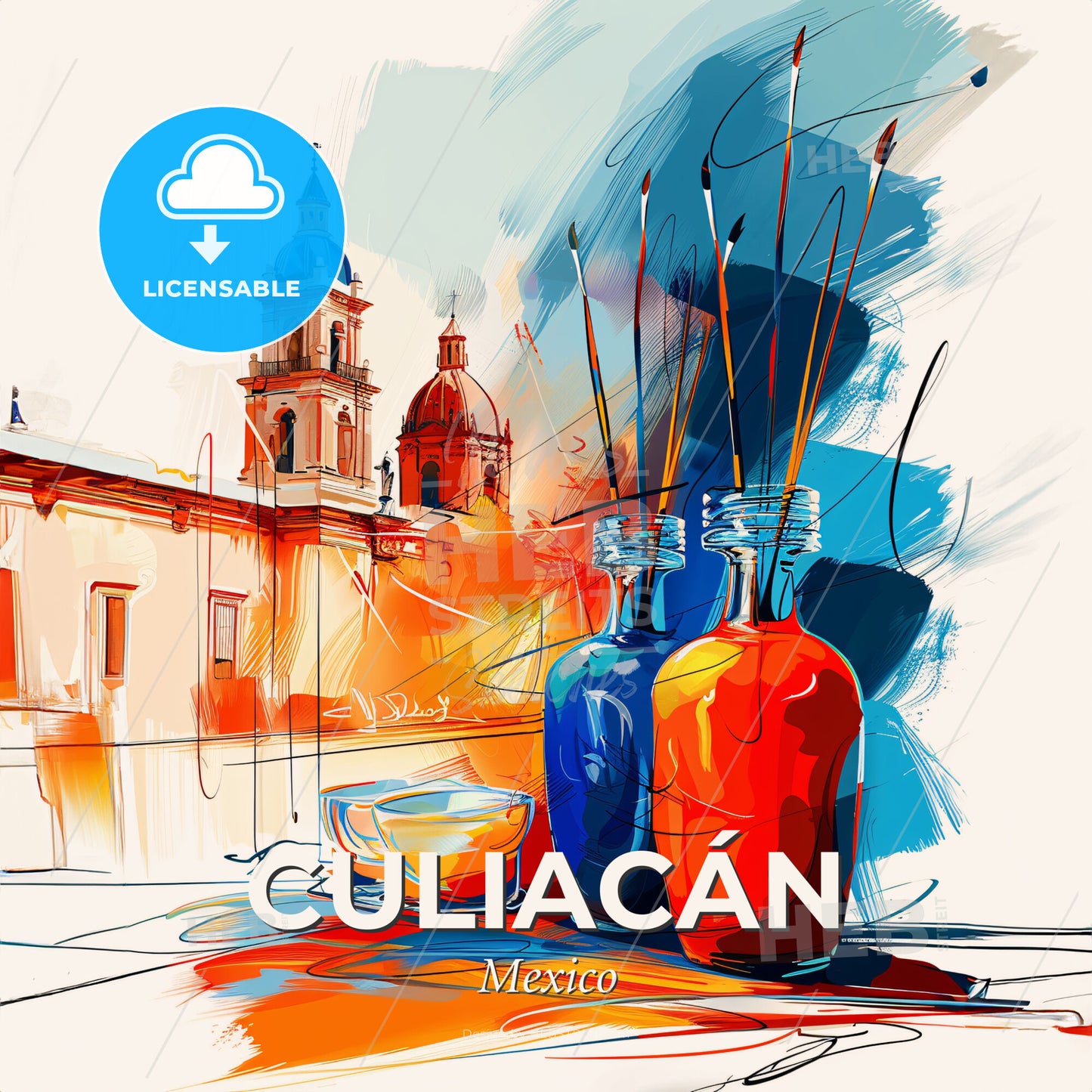 Vibrant Culiacán, Mexico - A Painting Of A Couple Of Bottles With Sticks In Them - Square format print template