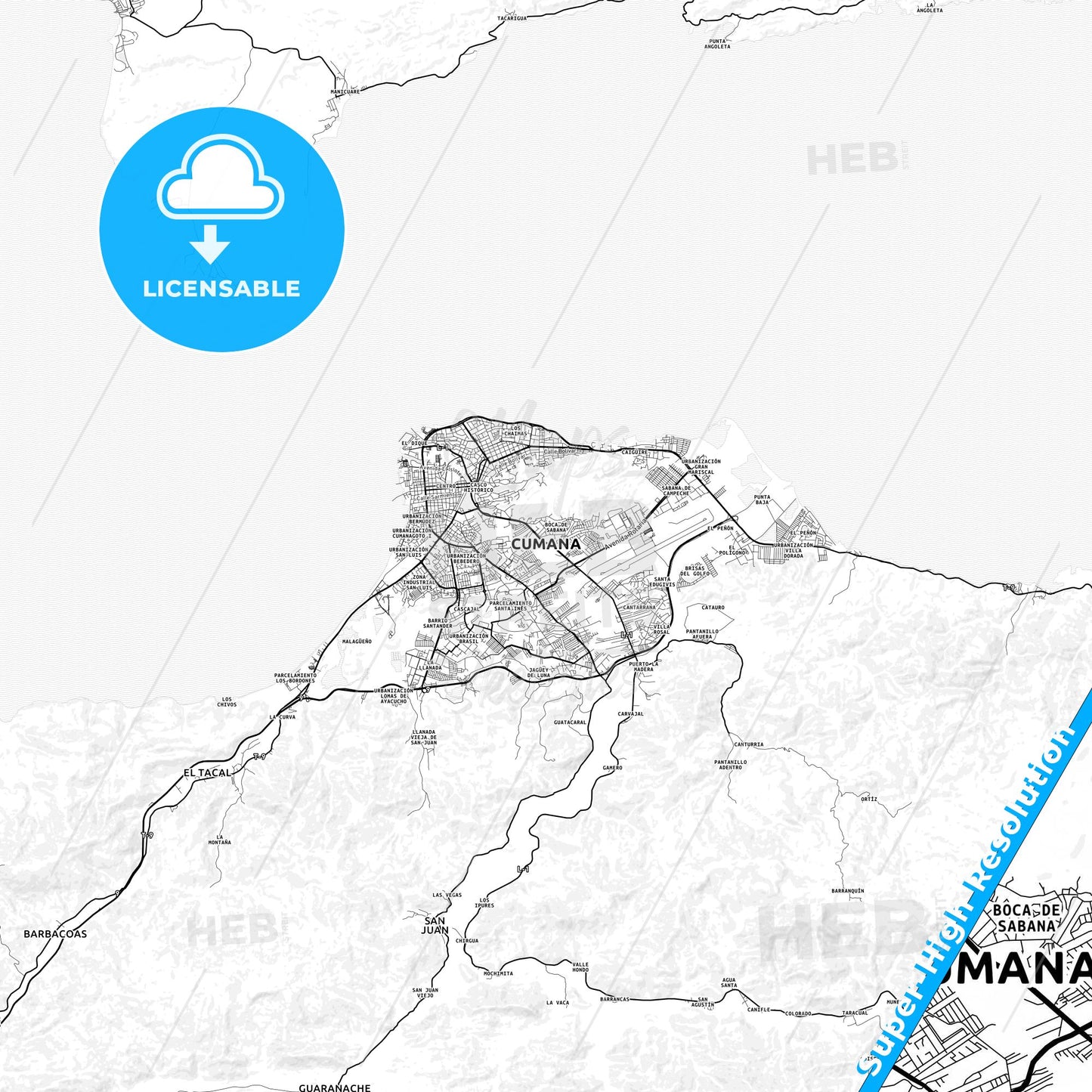 Cumana, Venezuela light map with streetnames, citynames and districts