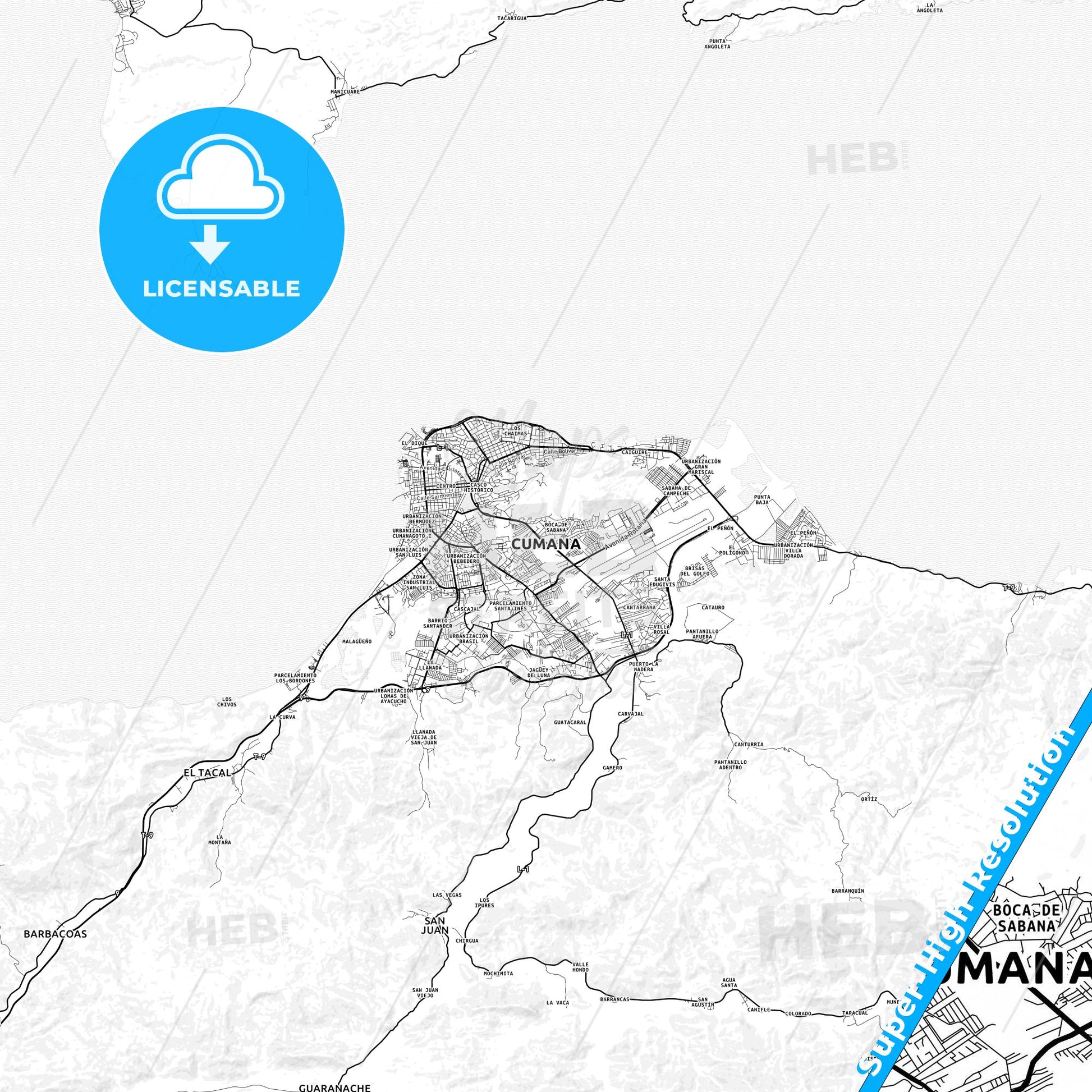 Cumana, Venezuela light map with streetnames, citynames and districts