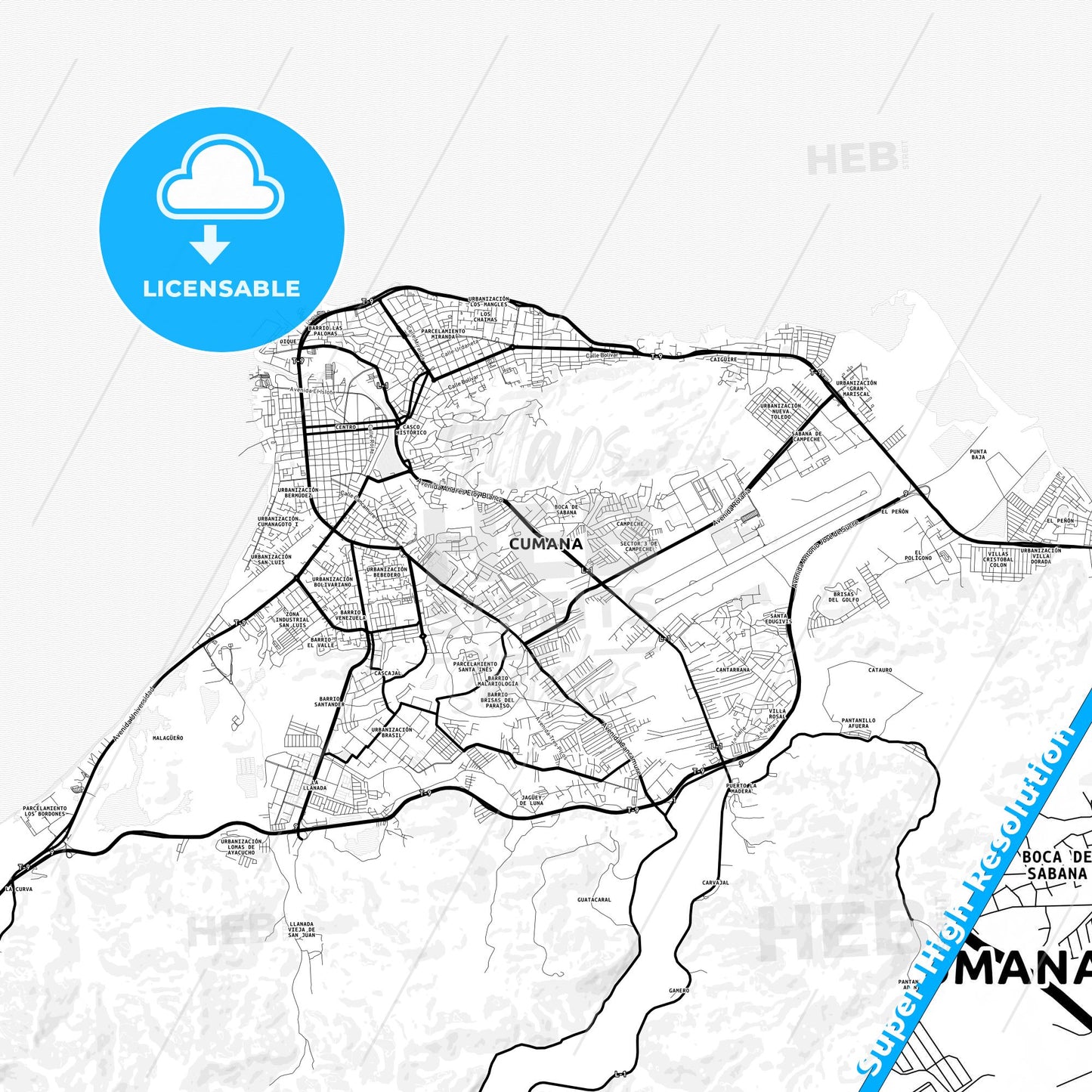 Cumana, Venezuela Light Map with Street Names, City Names, and Districts