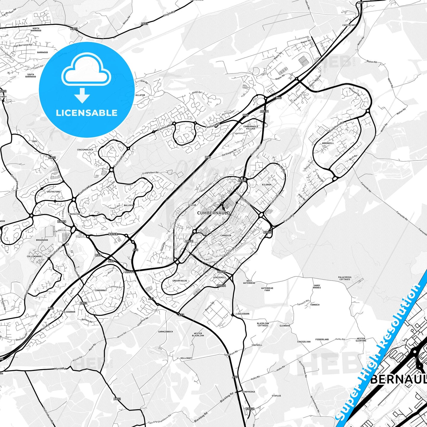 Cumbernauld, Scotland Light Map with Street Names, City Names, and Districts