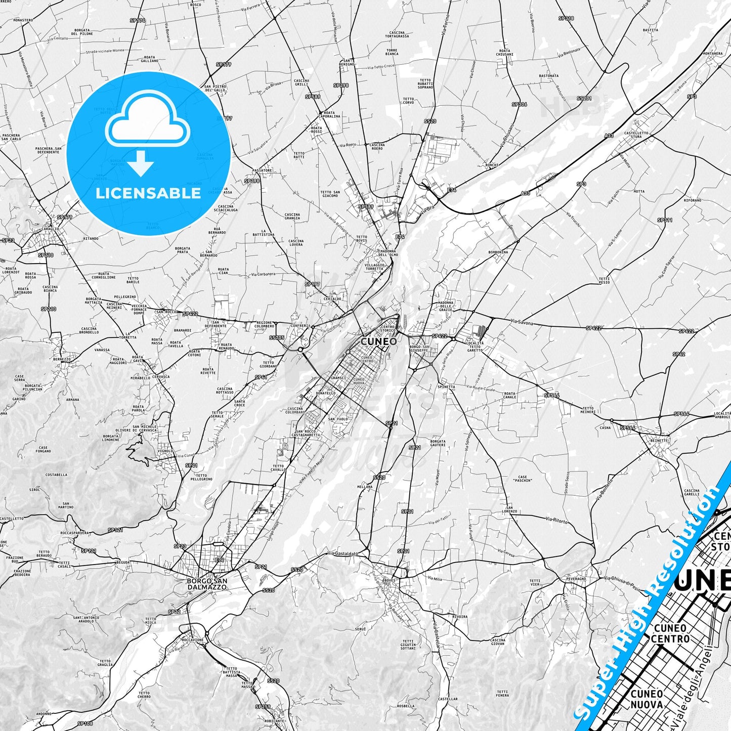Cuneo, Italy light map with streetnames, citynames and districts