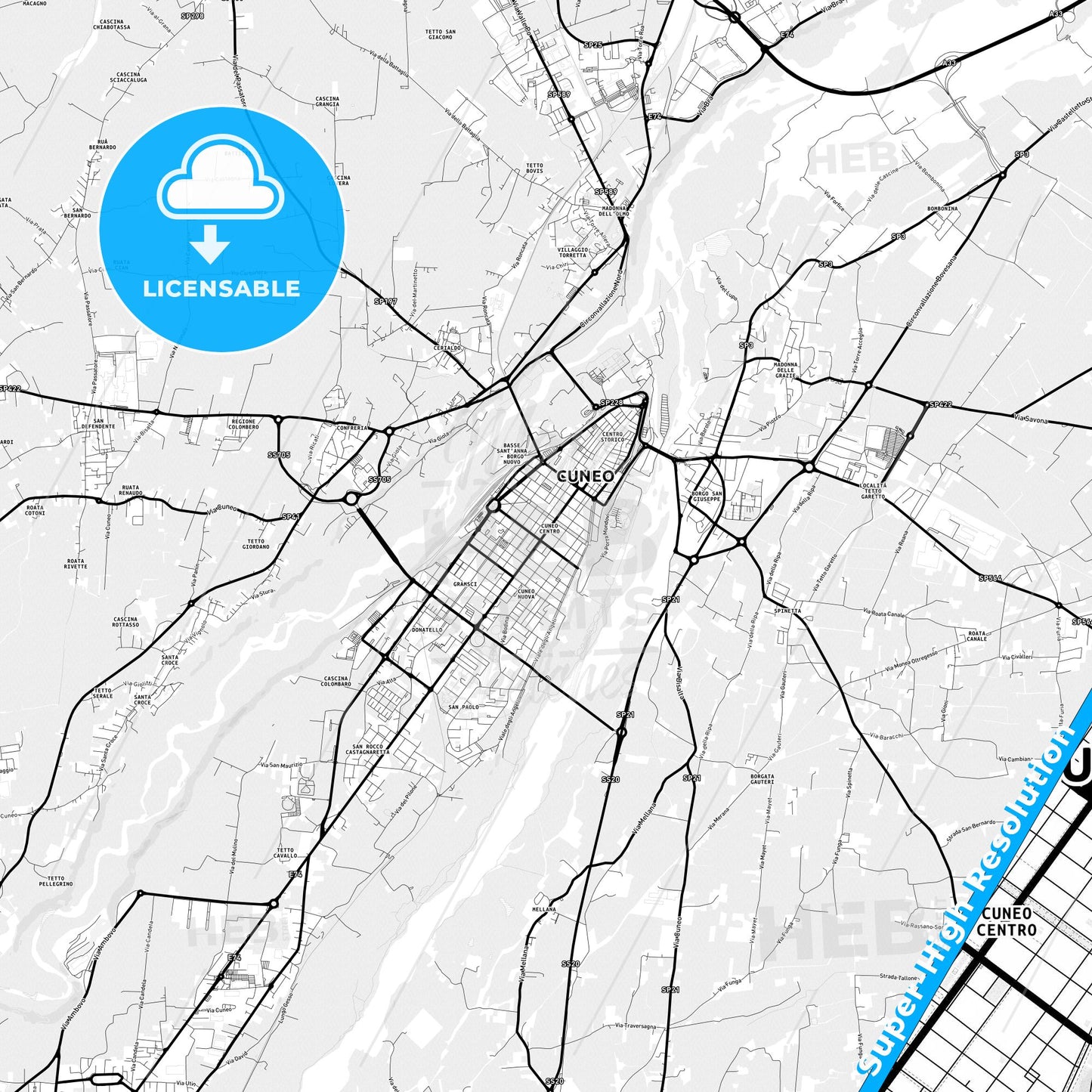 Cuneo, Italy Light Map with Street Names, City Names, and Districts