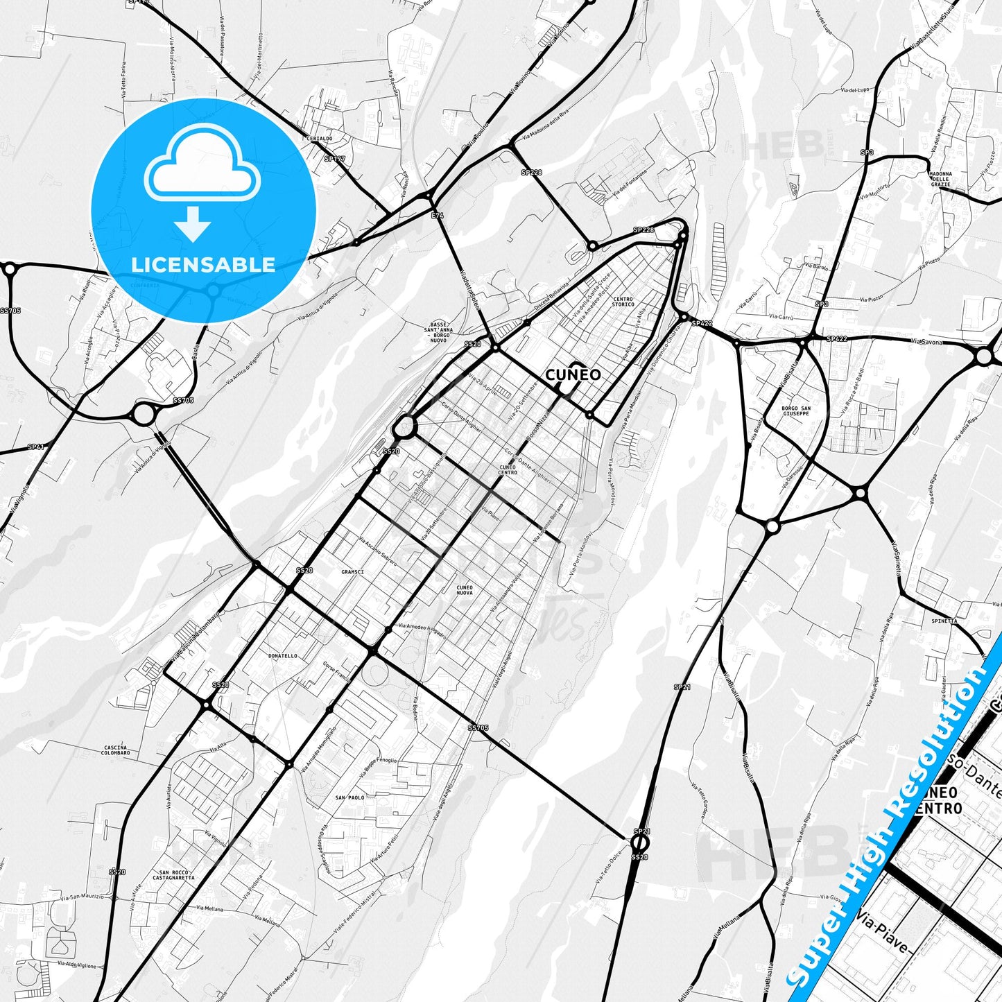 Cuneo, Italy Light Map with Street Names, City Names, and Districts