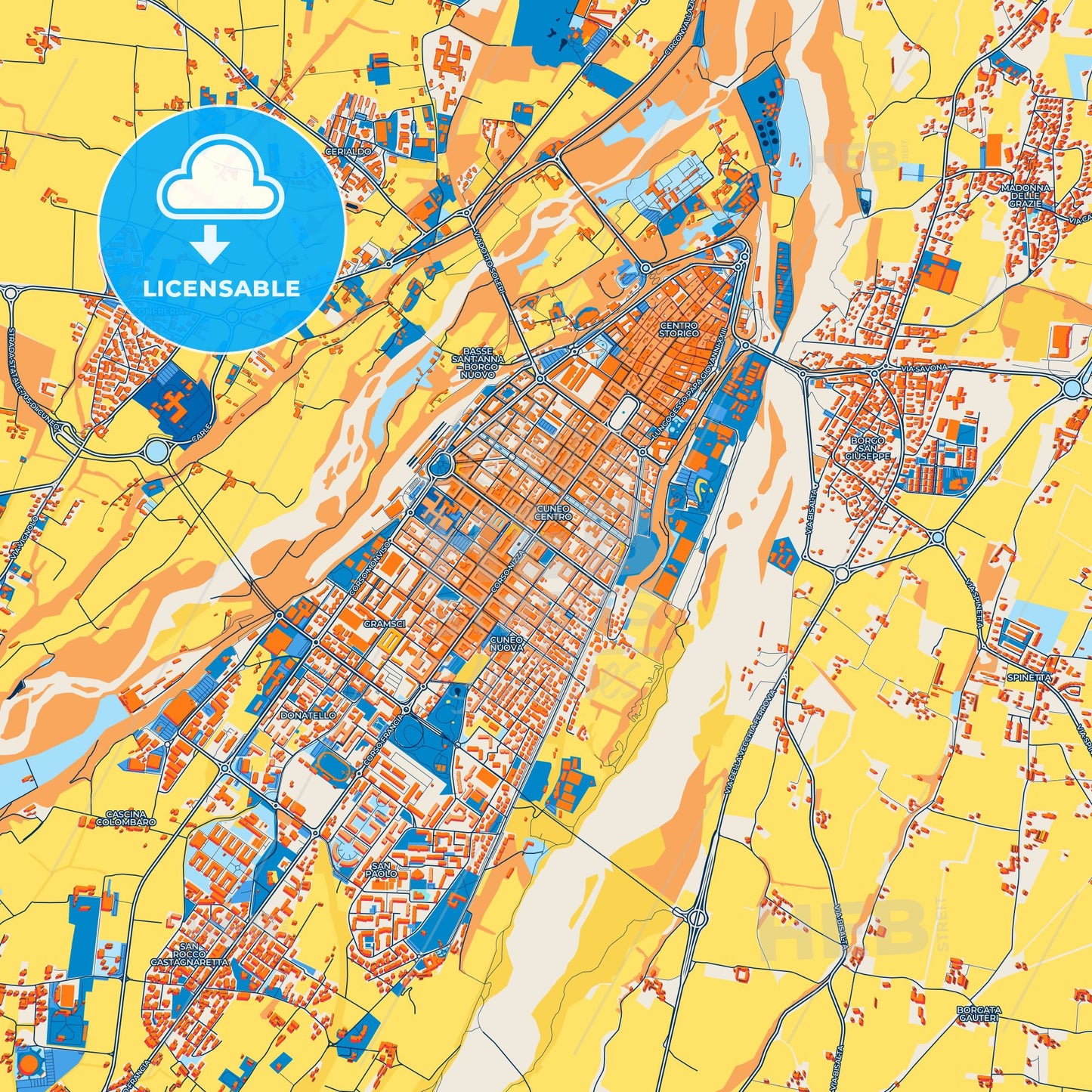 Colorful Cuneo Street Map with Labels and Buildings