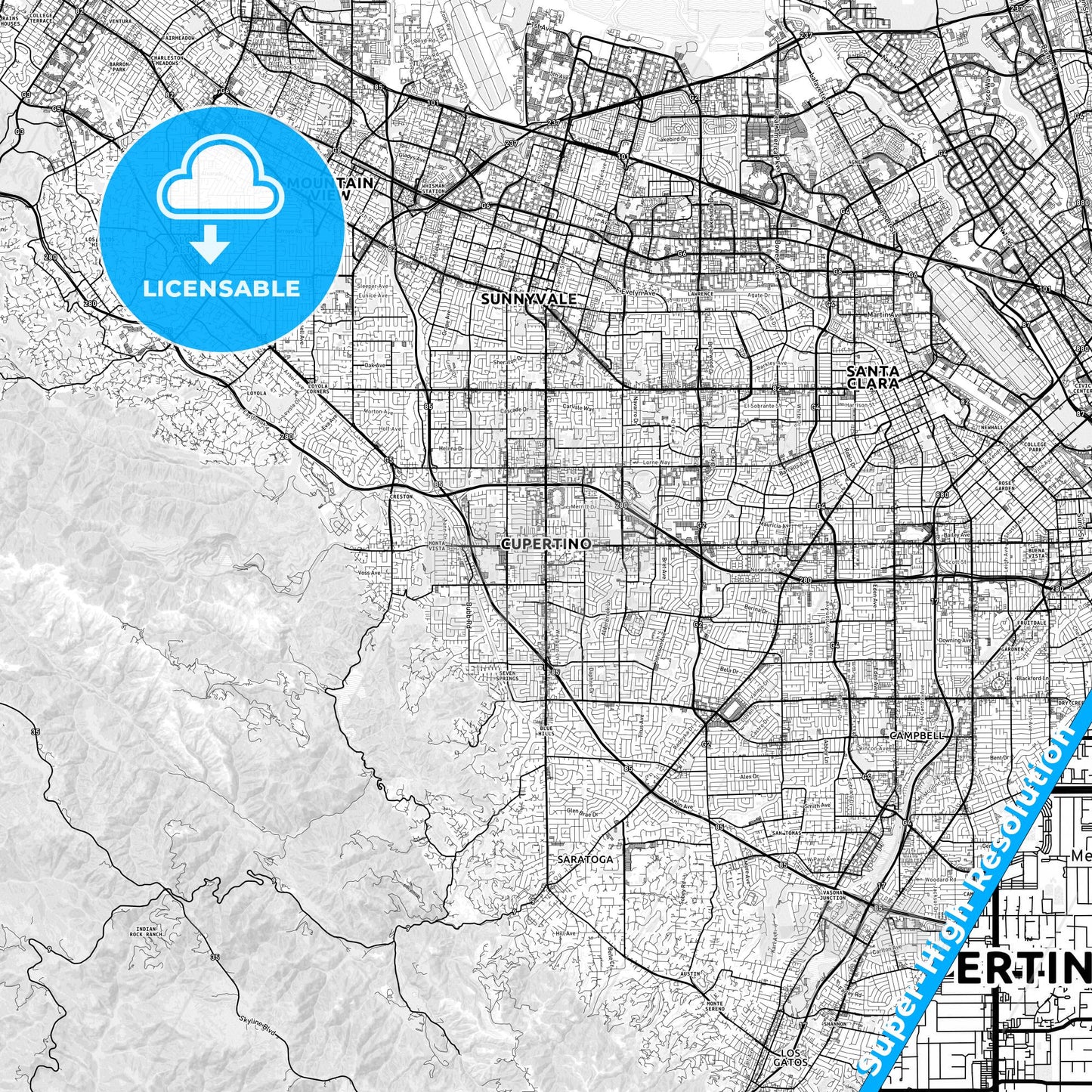 Cupertino, California light map with streetnames, citynames and districts