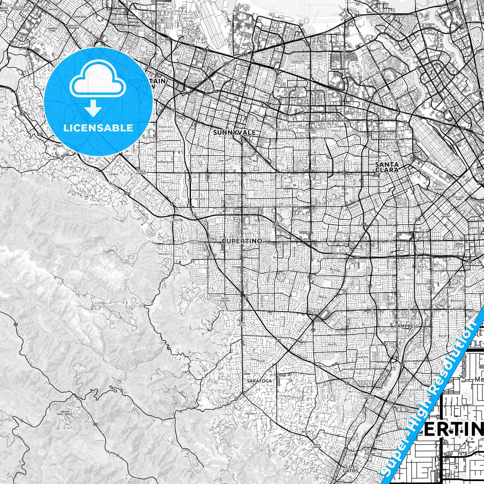 Cupertino, California light map with streetnames, citynames and districts