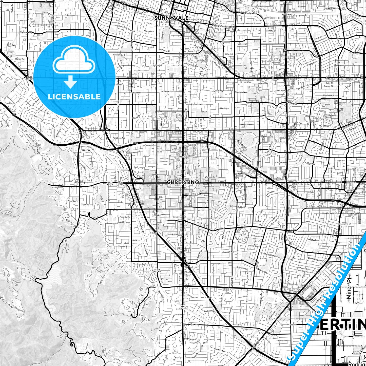 Cupertino, California Light Map with Street Names, City Names, and Districts