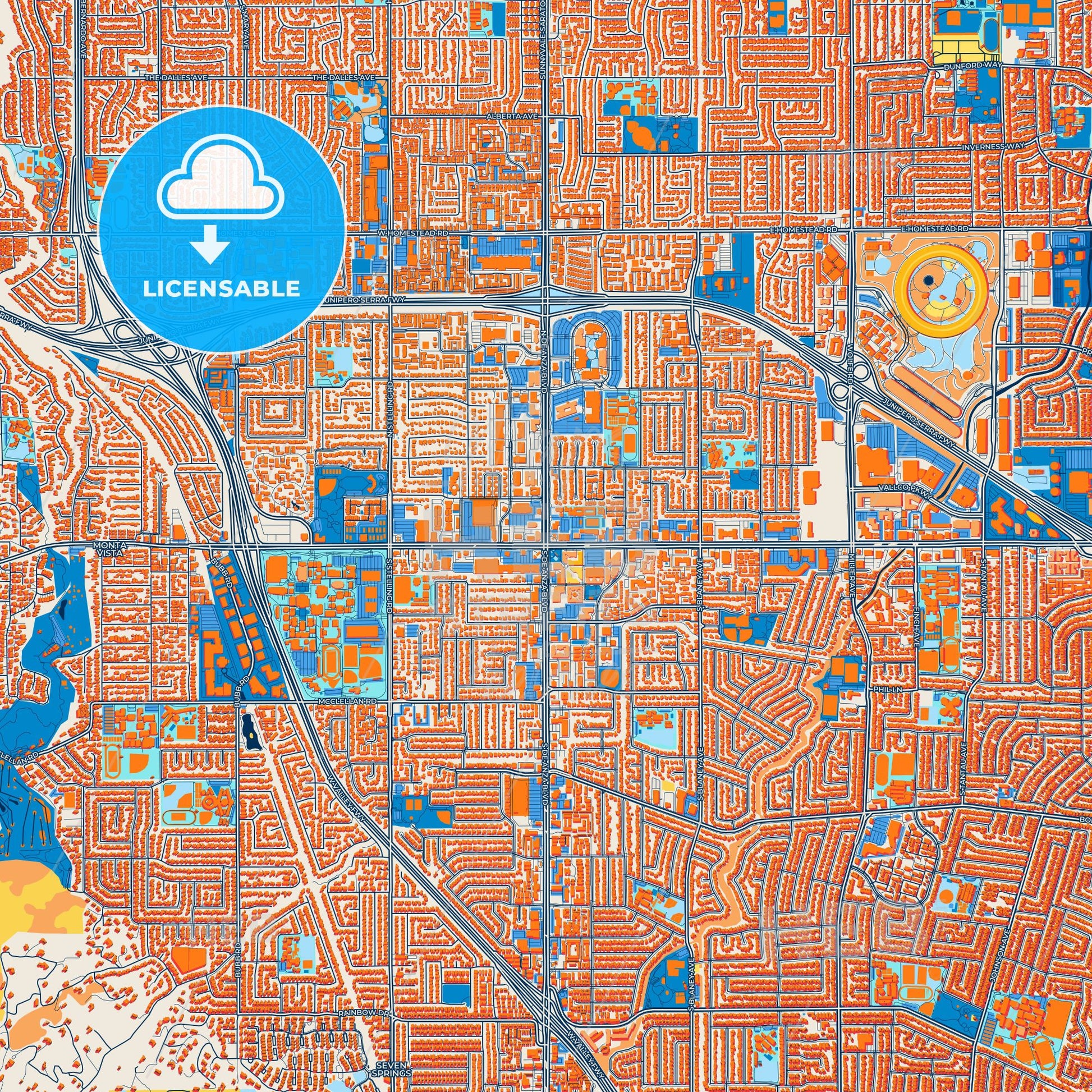 Colorful Cupertino Street Map with Labels and Buildings