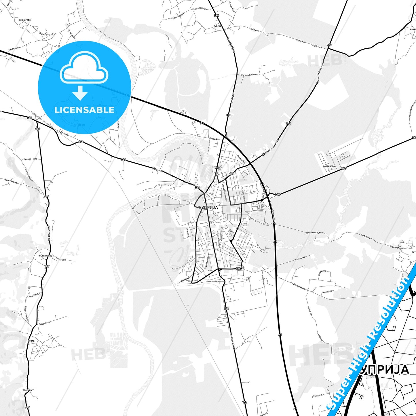 Ćuprija, Serbia Light Map with Street Names, City Names, and Districts